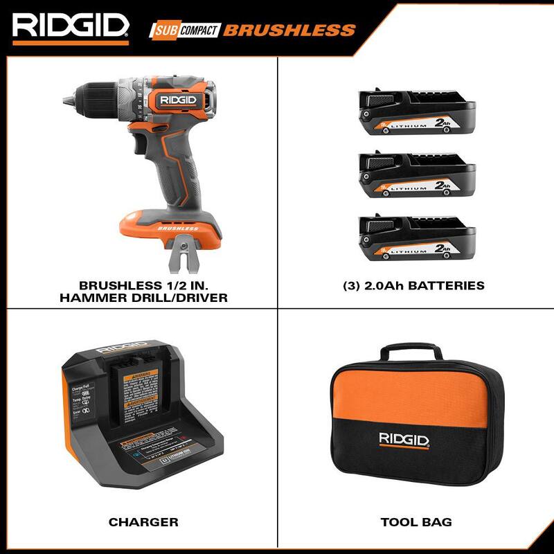 Juego de Taladro/Atornillador de Martillo RIDGID 18V SubCompact Brushless de 1/2 pulgadas con (1) Batería de 2.0 Ah, Cargador, Bolsa y Batería Extra de 2.0 Ah - R8711K-AC8400802