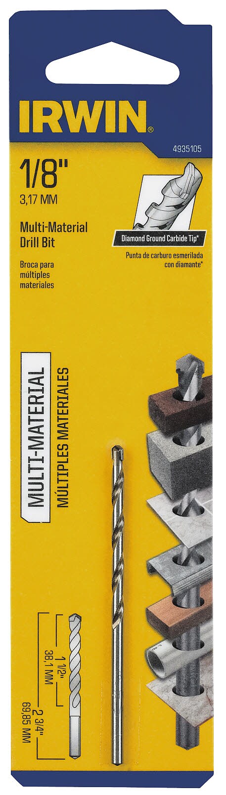 Broca para mampostería de carburo multiusos de 1/8 pulgadas x 2-3/4 pulgadas para taladro rotativo IRWIN 4935105