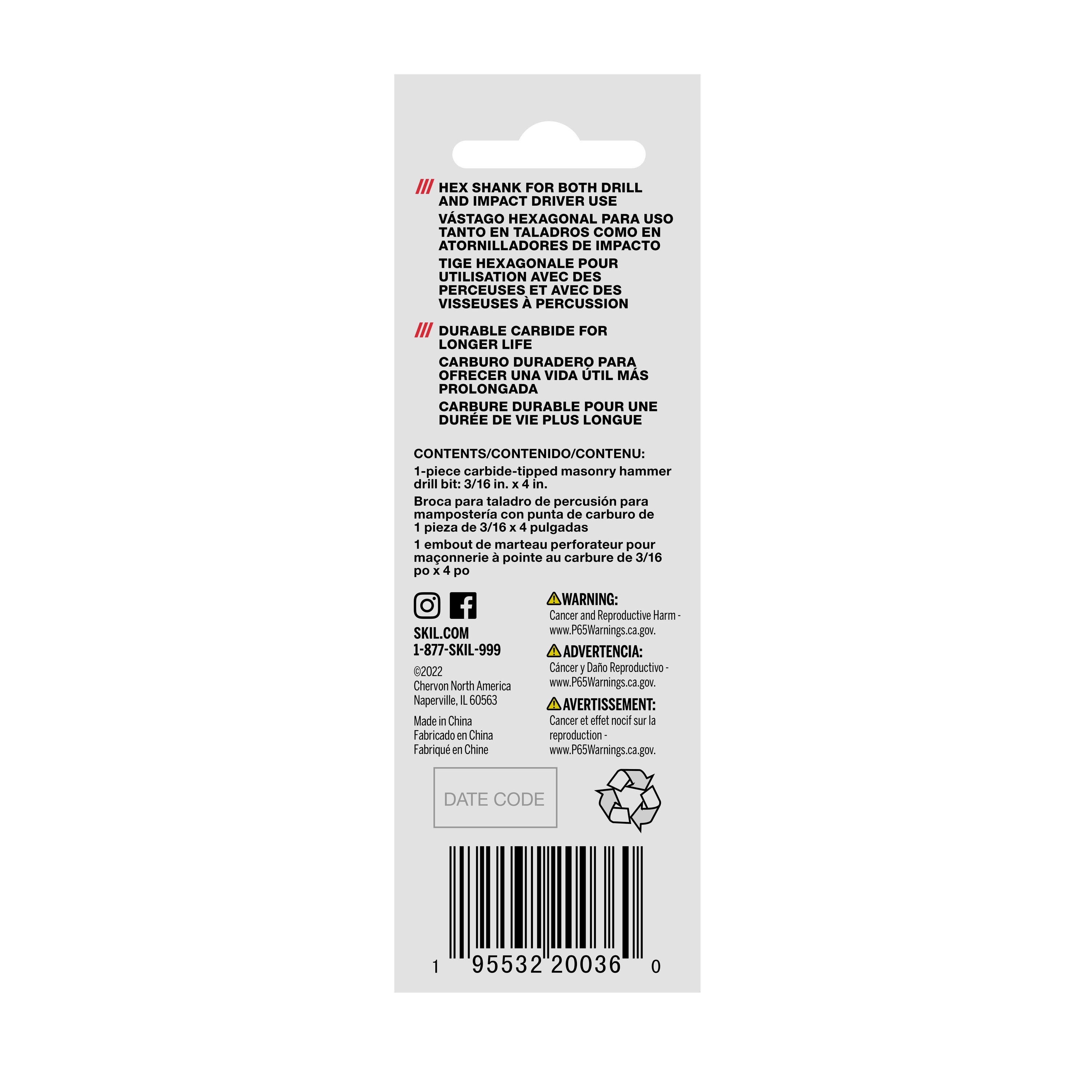 Broca de albañilería de acero de aleación SKIL 3-1/16 pulg. x 4 pulg. para taladro de percusión MDB5102