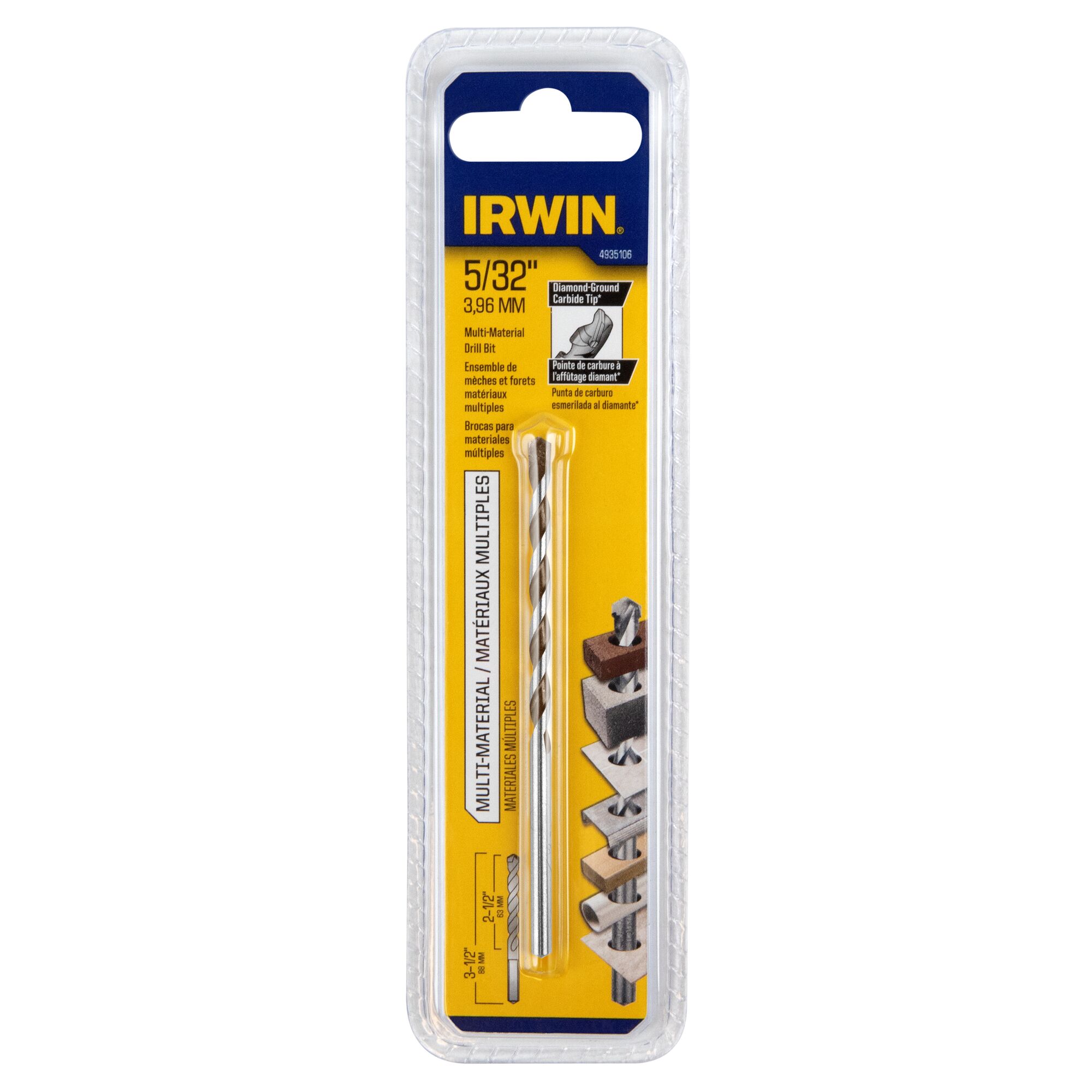 Broca de carburo para mampostería IRWIN Multi-Material de 5/32 pulgadas x 3-1/2 pulgadas para taladro rotativo 4935106