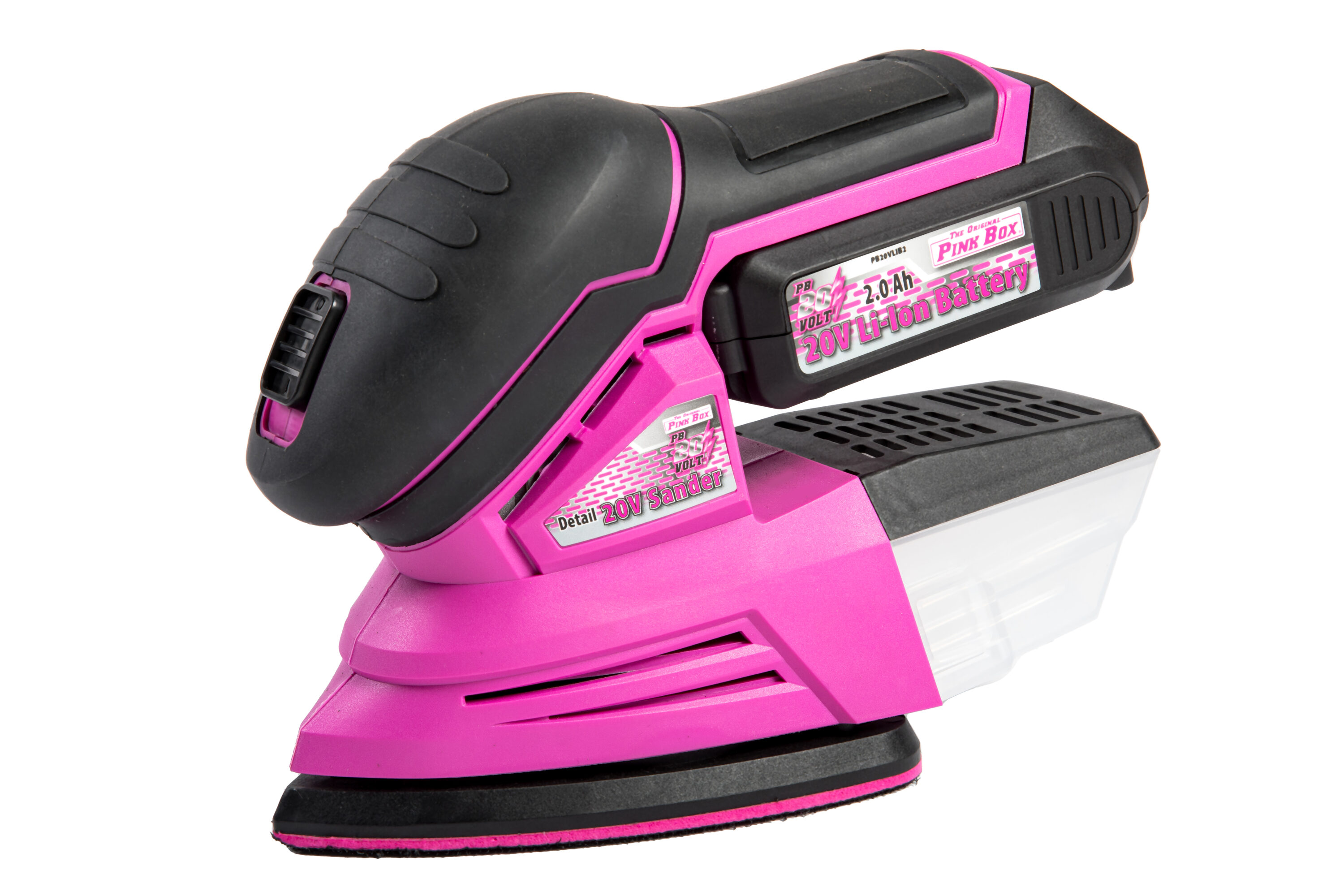 Lijadora inalámbrica sin escobillas The Original Pink Box de 20 voltios con detalles y manejo de polvo, batería incluida PB20VSND-2AH-CHRGR