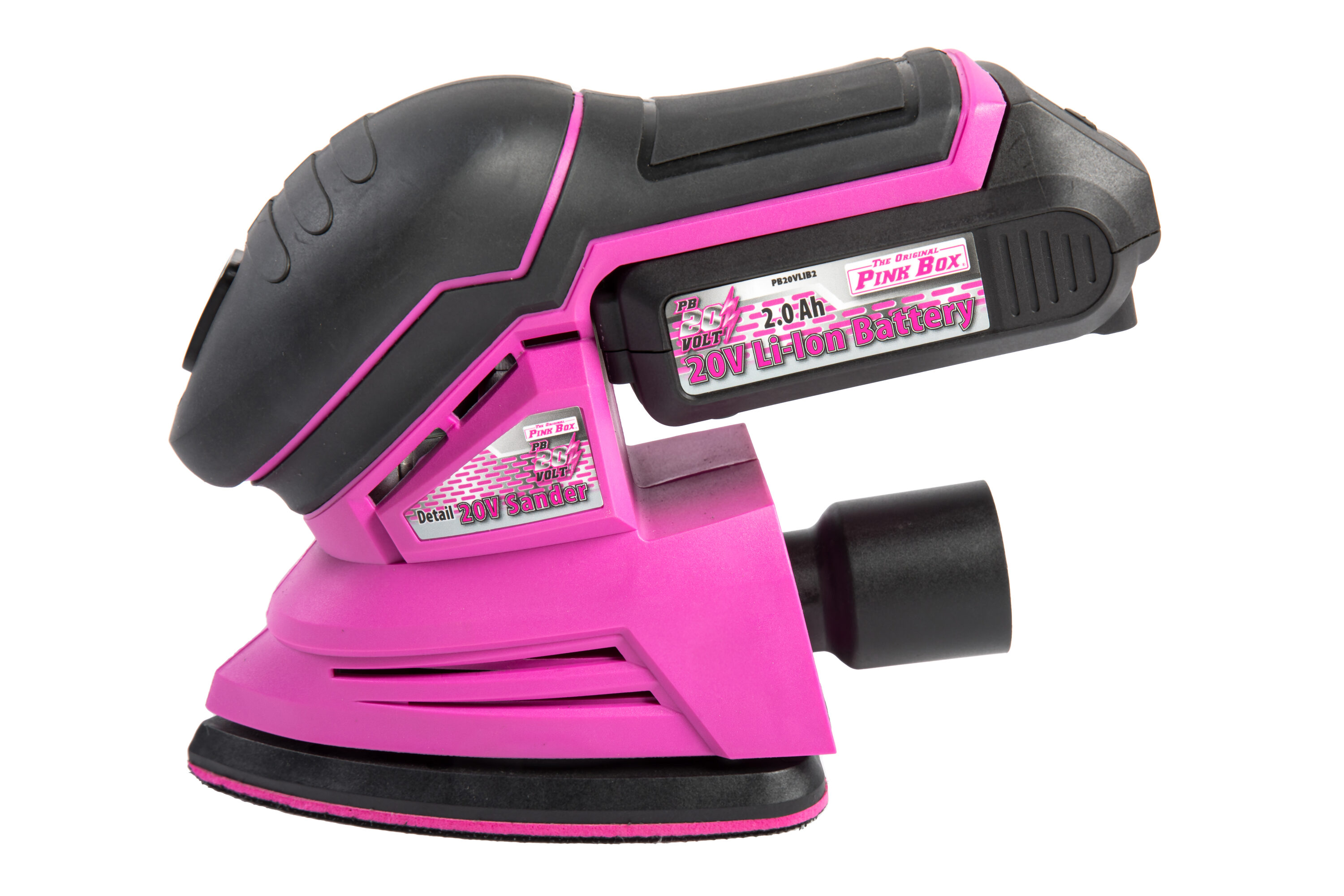 Lijadora inalámbrica sin escobillas The Original Pink Box de 20 voltios con detalles y manejo de polvo, batería incluida PB20VSND-2AH-CHRGR