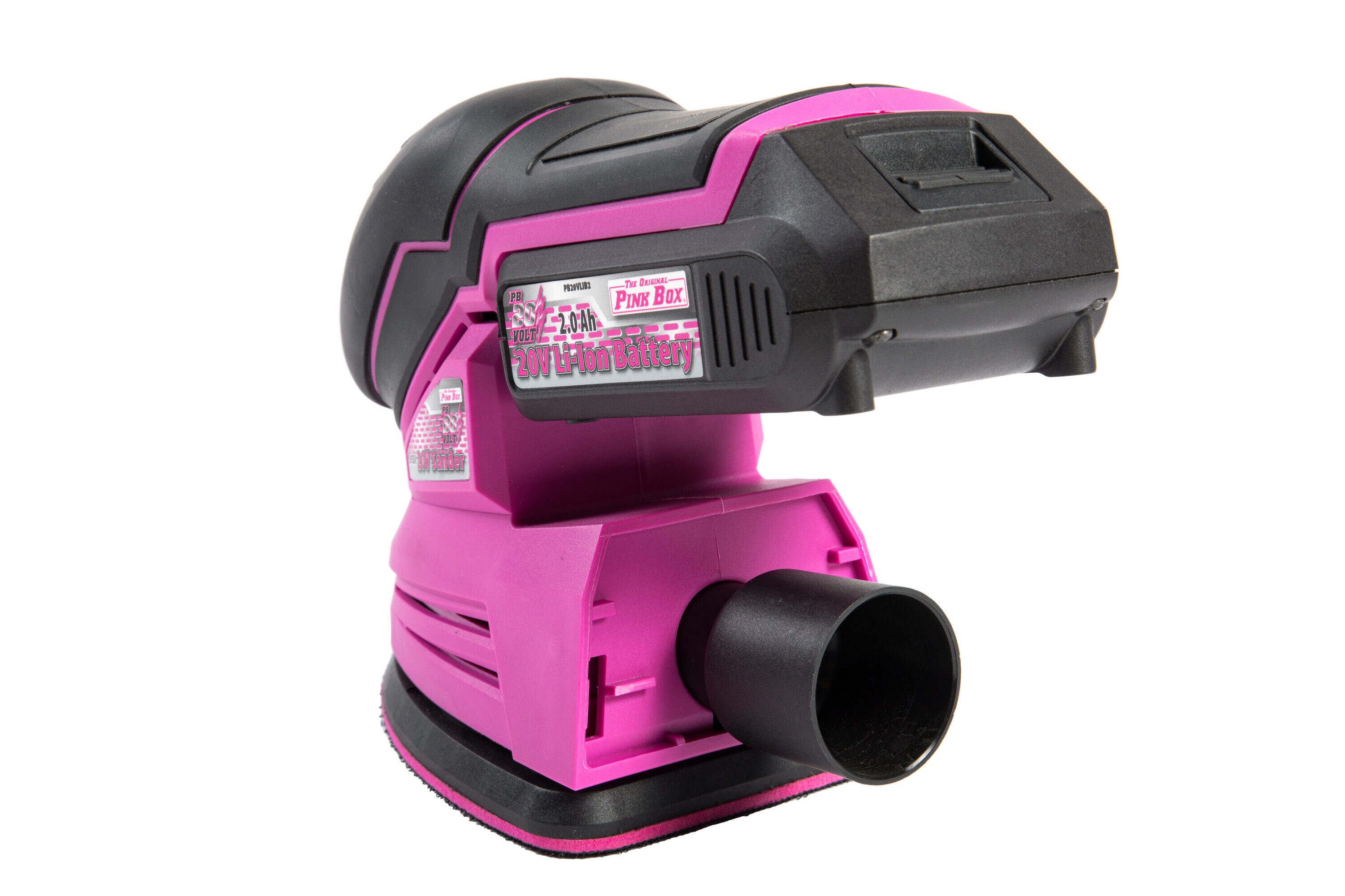 Lijadora inalámbrica sin escobillas The Original Pink Box de 20 voltios con detalles y manejo de polvo, batería incluida PB20VSND-2AH-CHRGR
