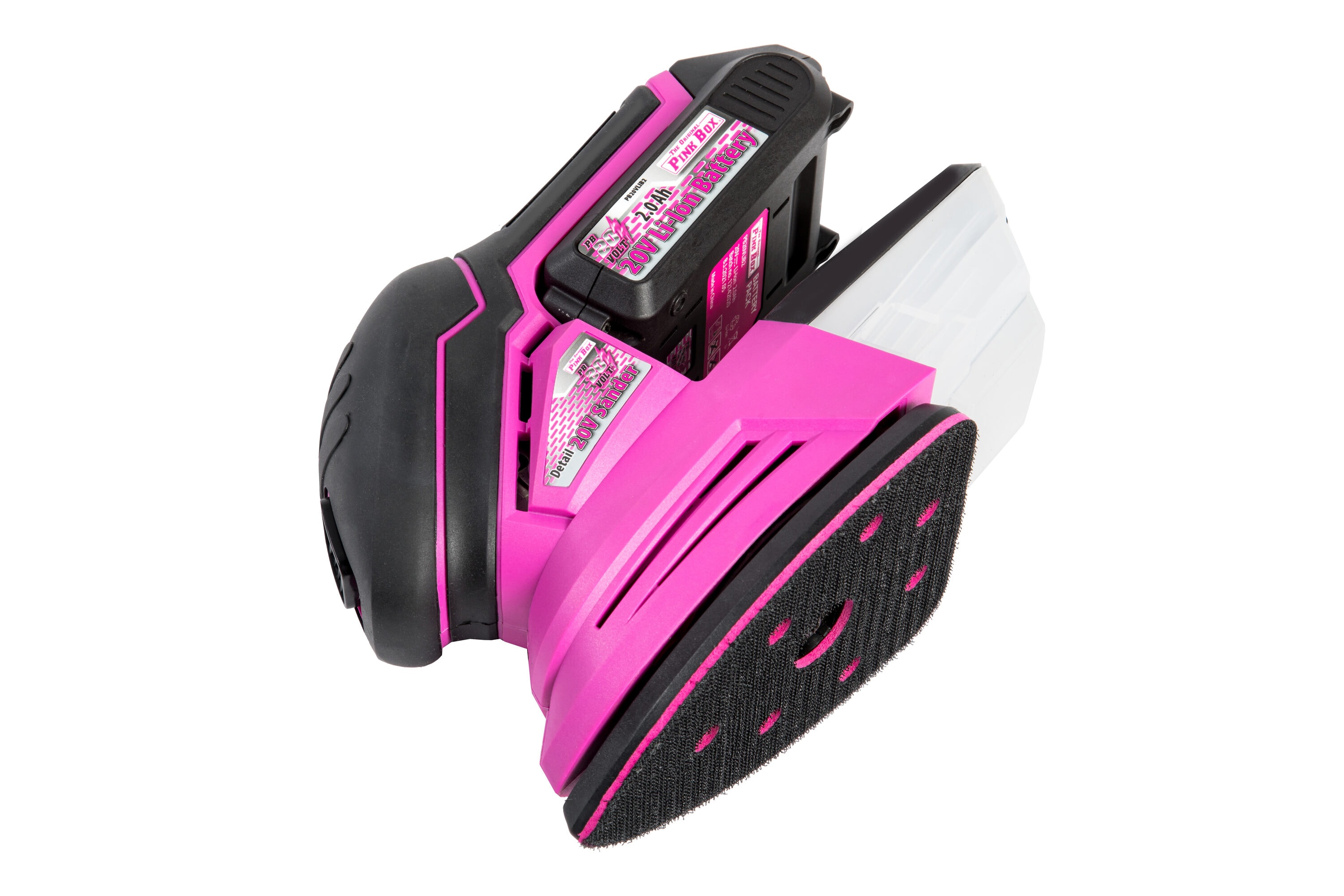 Lijadora inalámbrica sin escobillas The Original Pink Box de 20 voltios con detalles y manejo de polvo, batería incluida PB20VSND-2AH-CHRGR