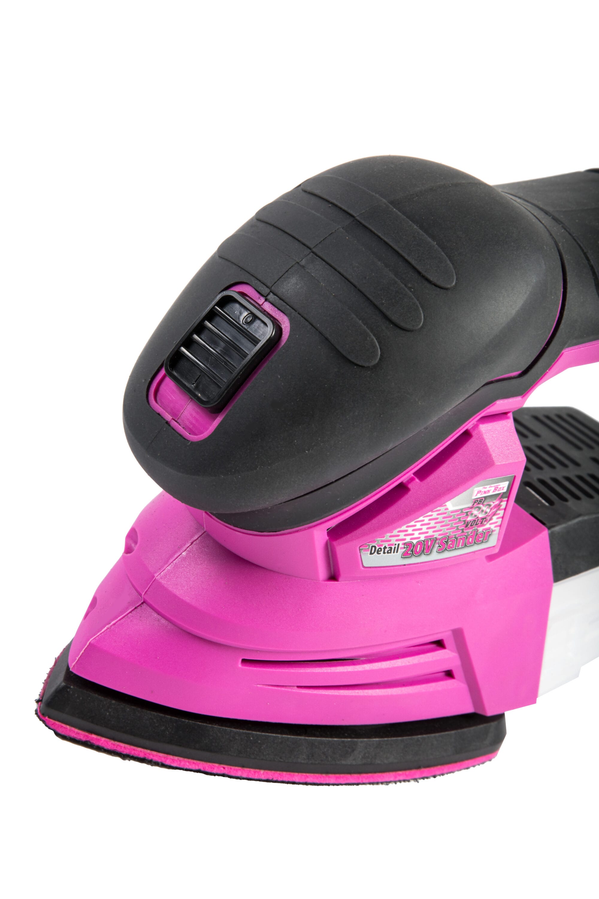 Lijadora inalámbrica sin escobillas The Original Pink Box de 20 voltios con detalles y manejo de polvo, batería incluida PB20VSND-2AH-CHRGR