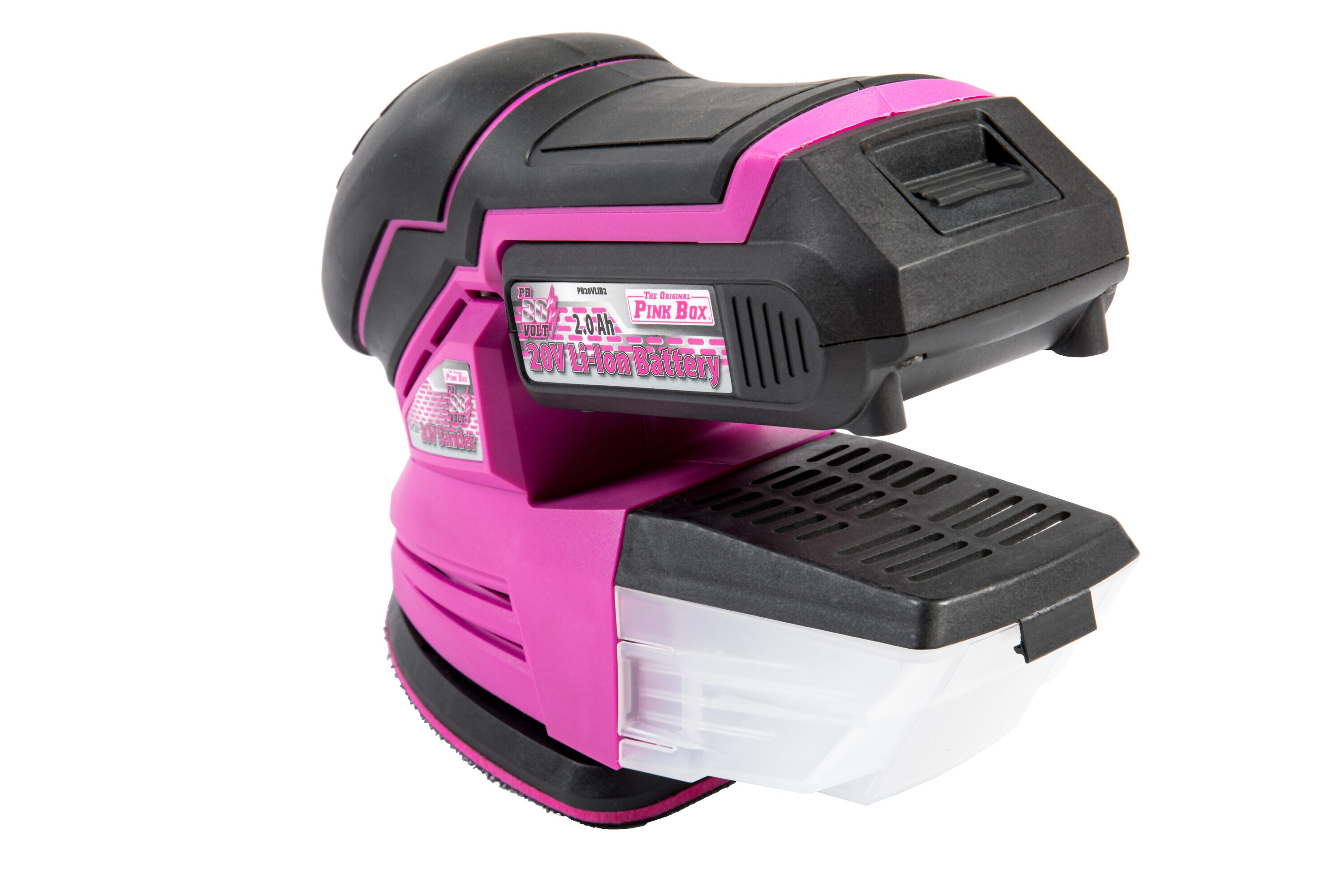 Lijadora inalámbrica sin escobillas The Original Pink Box de 20 voltios con detalles y manejo de polvo, batería incluida PB20VSND-2AH-CHRGR