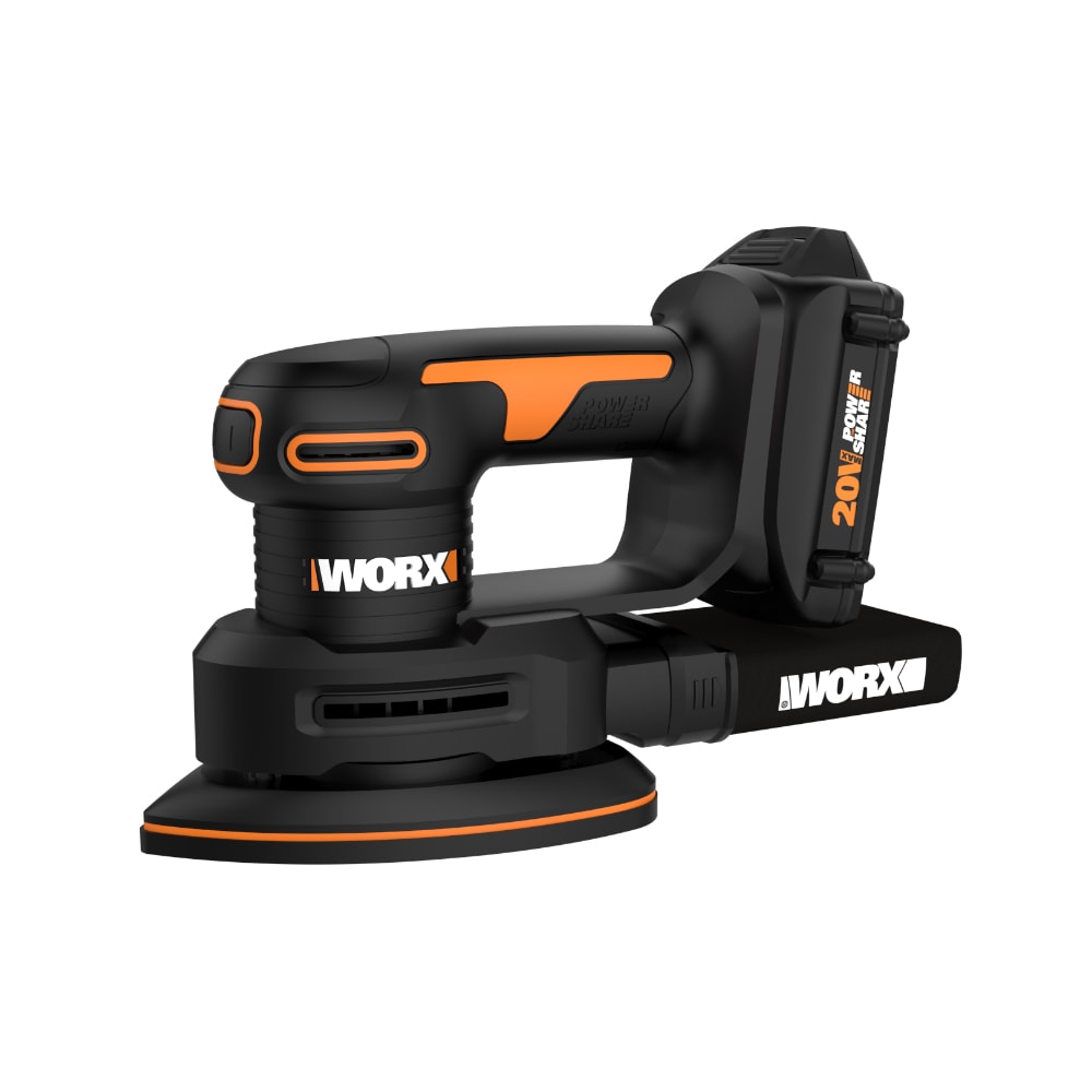 Lijadora inalámbrica WORX Power Share de 20 voltios con detalles y batería de gestión de polvo incluida WX822L