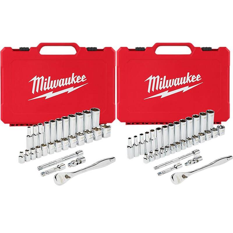 Juego de herramientas mecánicas Milwaukee de 3/8 pulgadas con trinquete de accionamiento SAE/métrico y juego de dados (60 piezas) - 48-22-9408-48-22-9508
