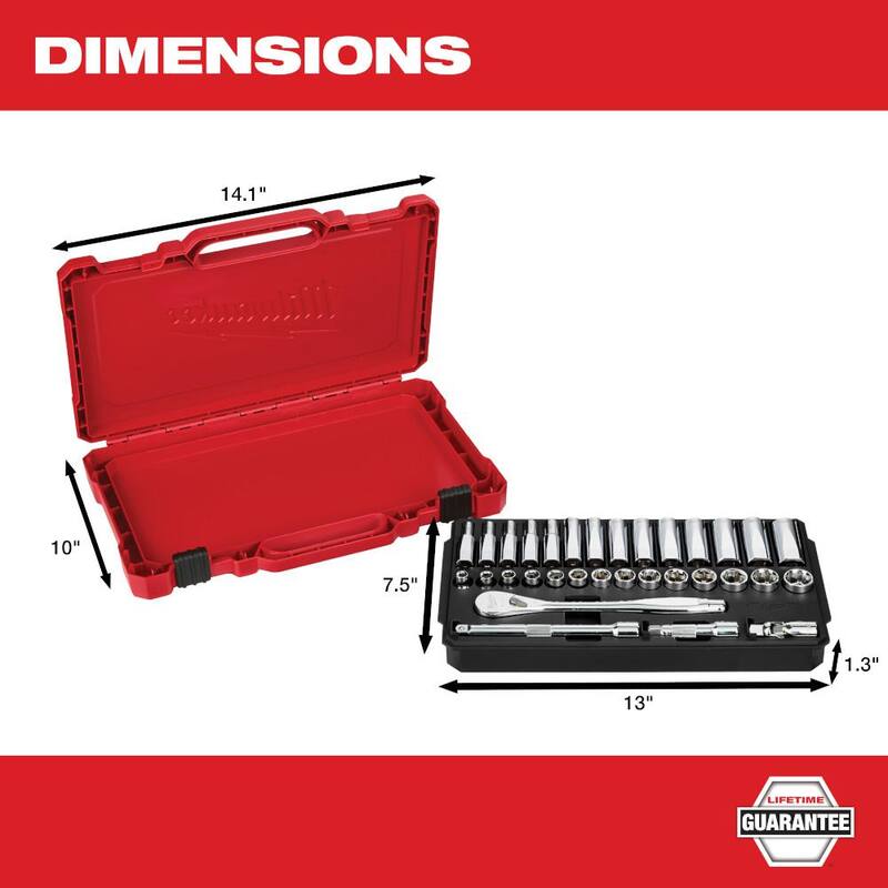 Juego de herramientas mecánicas Milwaukee de 3/8 pulgadas con trinquete de accionamiento SAE/métrico y juego de dados (60 piezas) - 48-22-9408-48-22-9508
