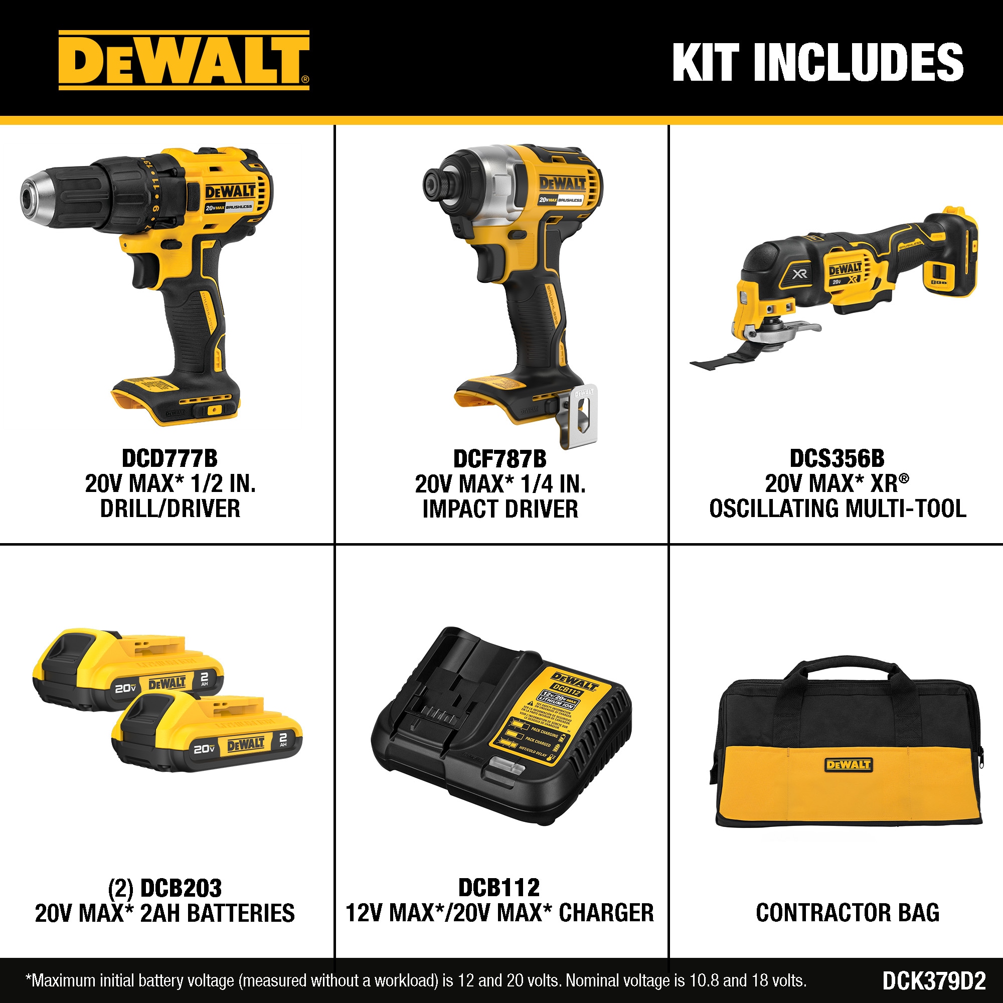 Kit combo de herramientas eléctricas sin escobillas DEWALT de 20 voltios con estuche blando (incluye 2 baterías y cargador) DCK379D2