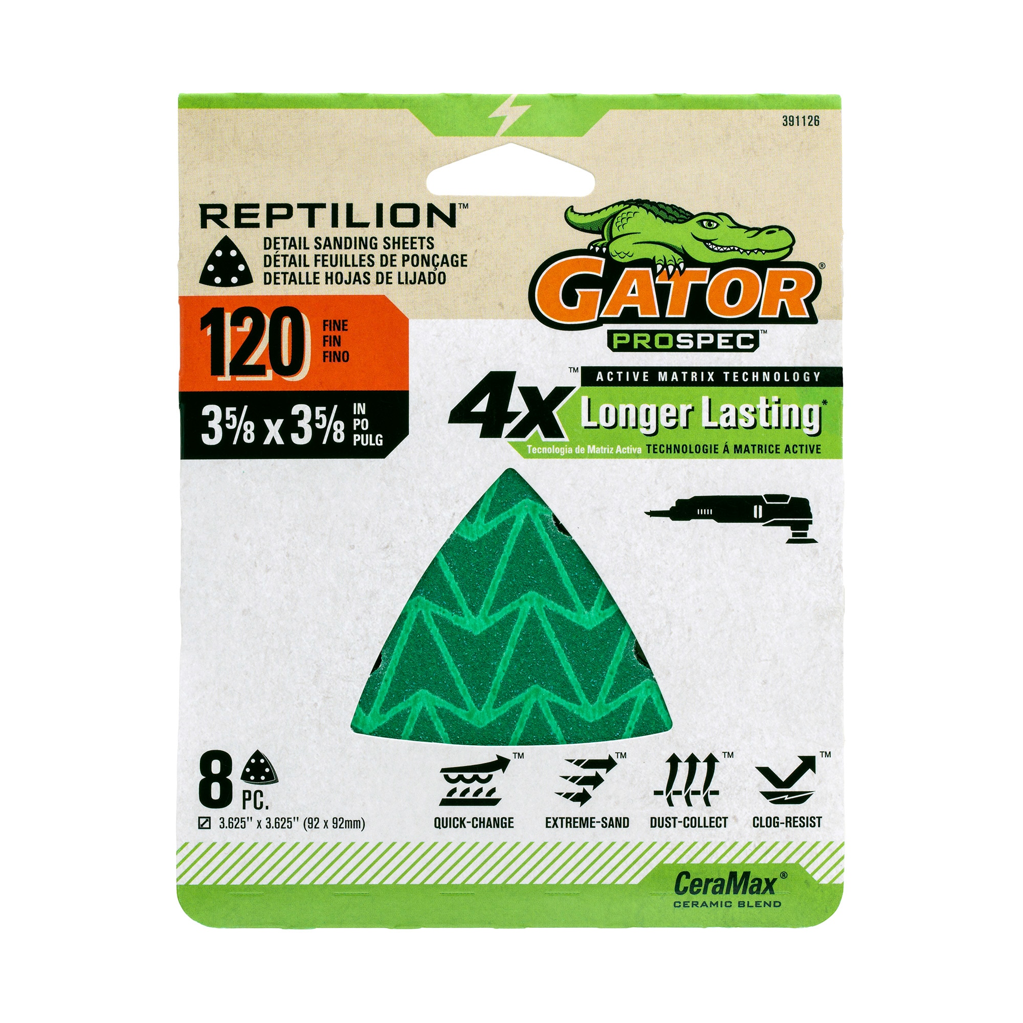 Papel de lija para detalles Gator Reptilion Oscillating de cerámica de alúmina de 120 grits de 8 piezas 391126.