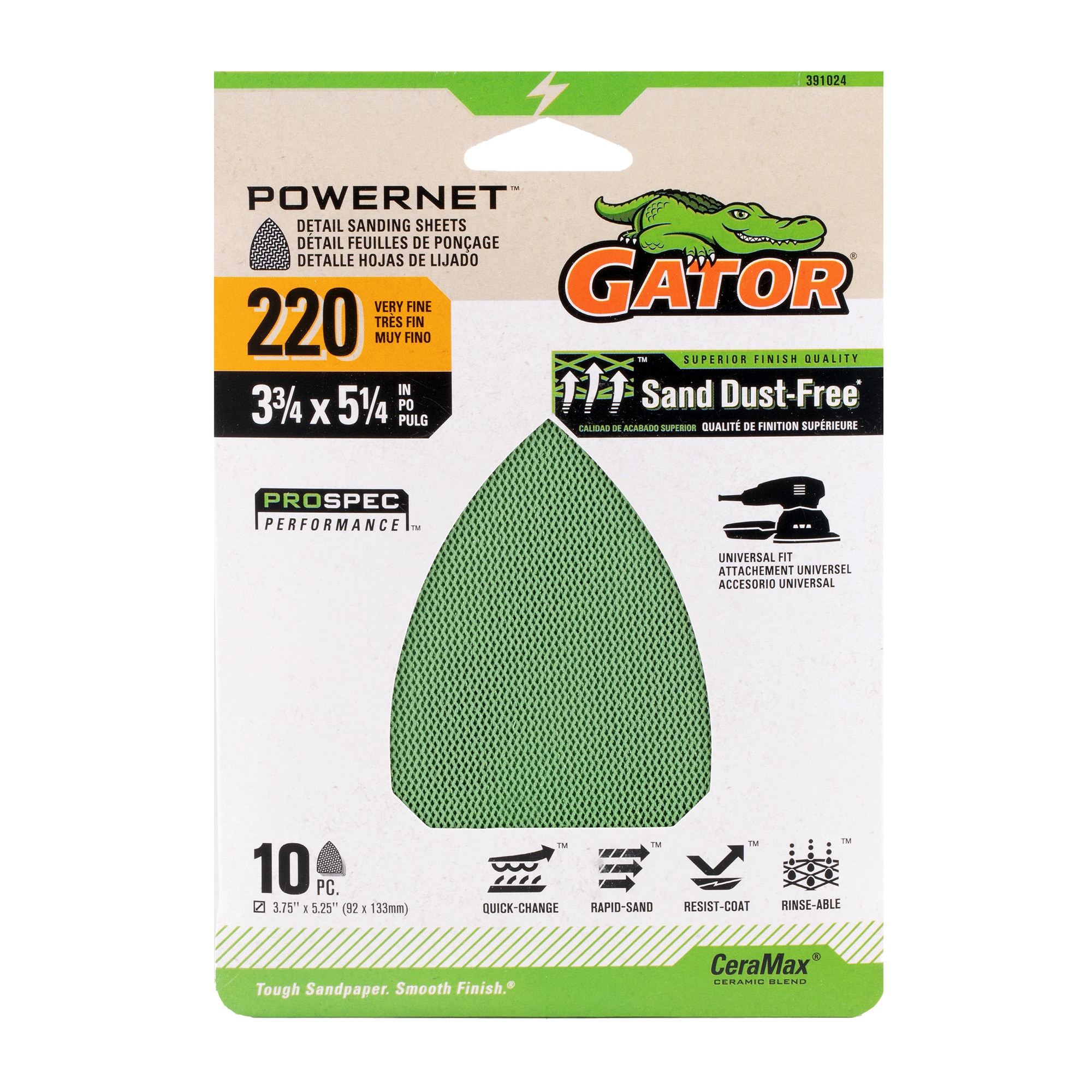 Papel de lija para detalles de cerámica Alúmina 220, 10 piezas Gator PowerNet 391024