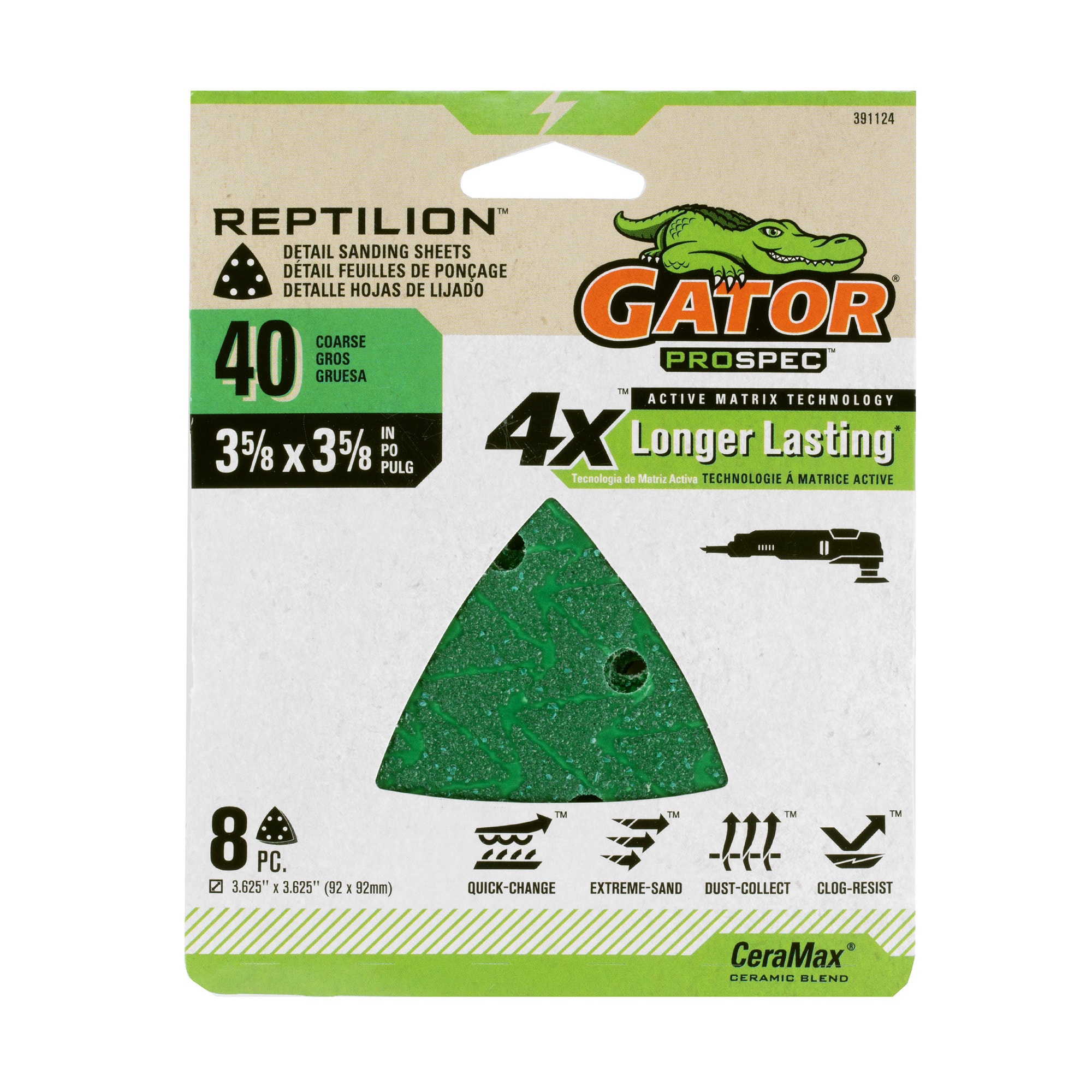 Papel de lija detallado oscilante de 8 piezas de cerámica de alúmina de grano 40 Gator Reptilion 391124