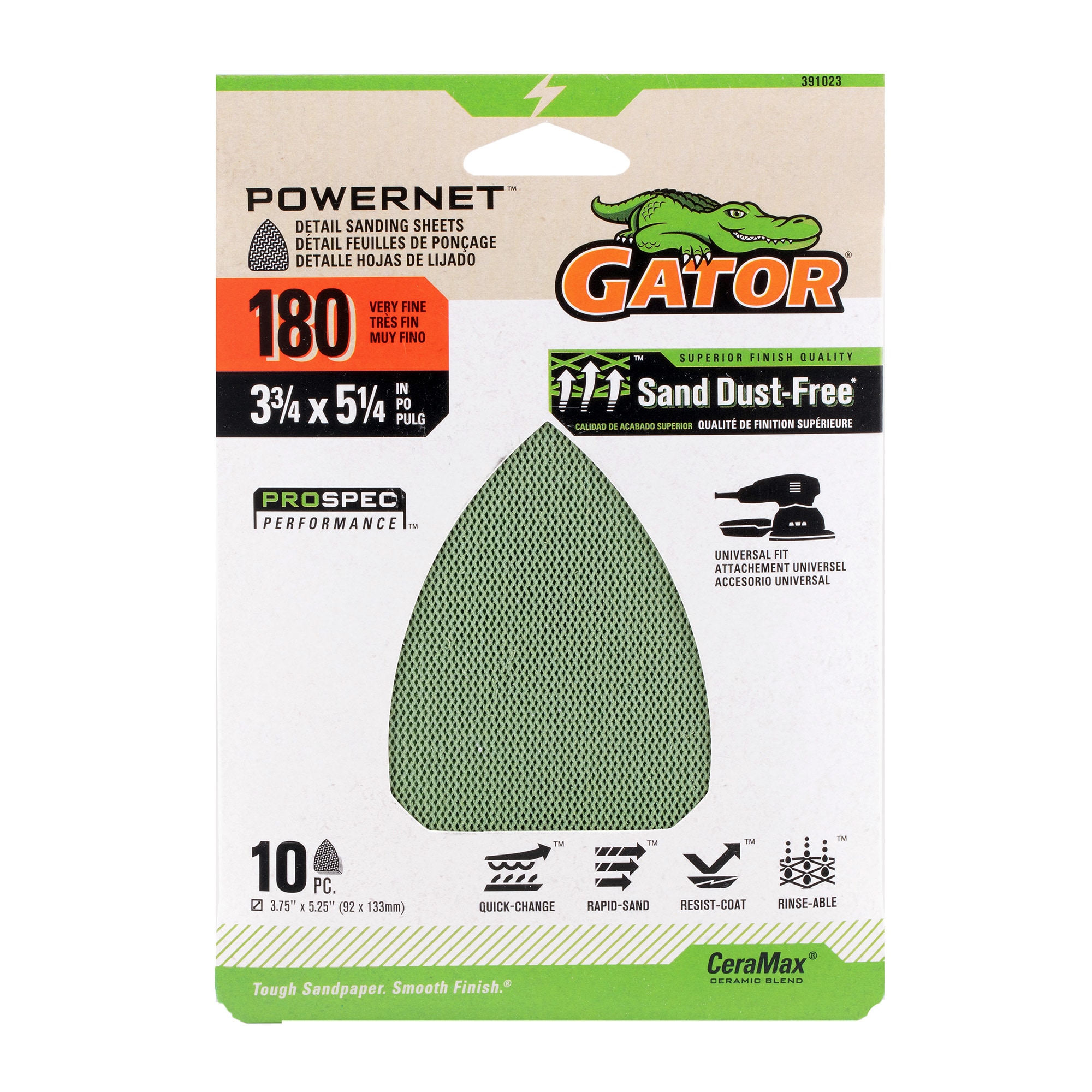 Lija para Detalles Gator PowerNet de Cerámica Alúmina de 180 Granos - 10 Piezas 391023