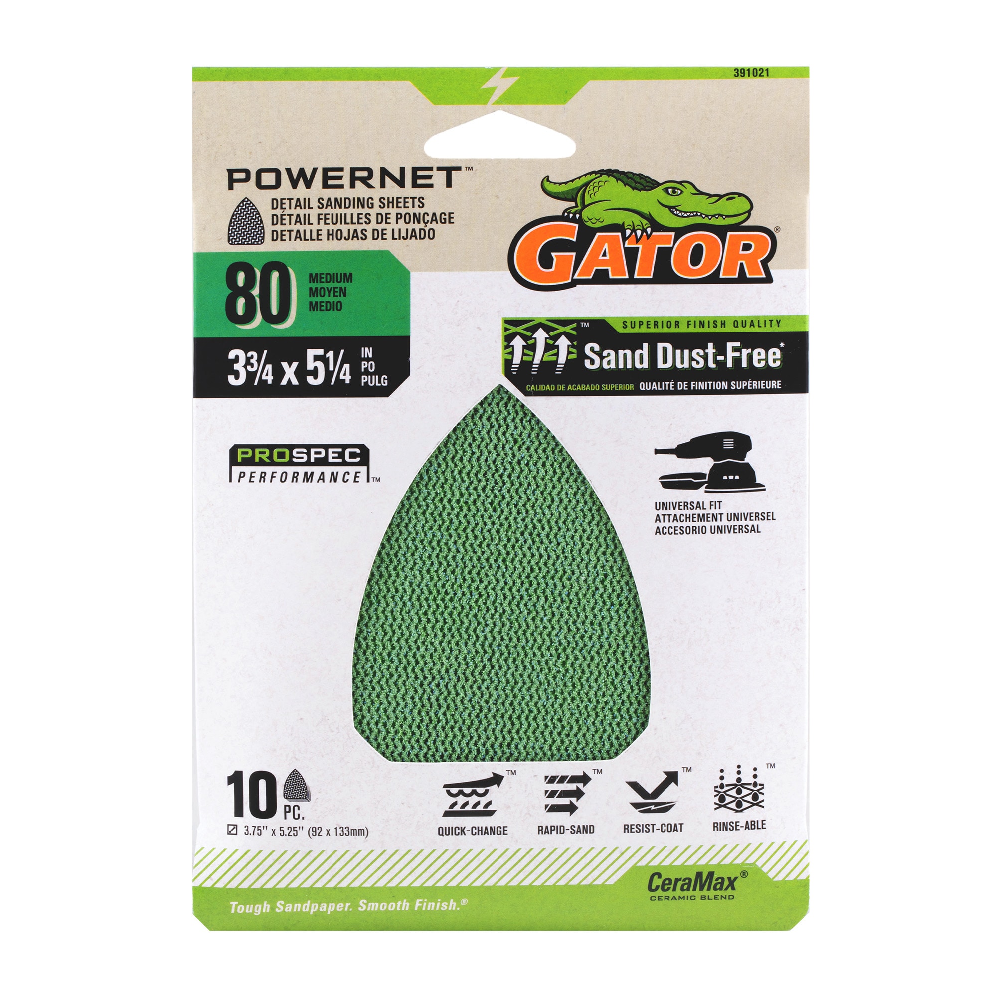 Papel de lija para detalles Gator PowerNet de cerámica y alúmina de 80 granos, 10 piezas 391021