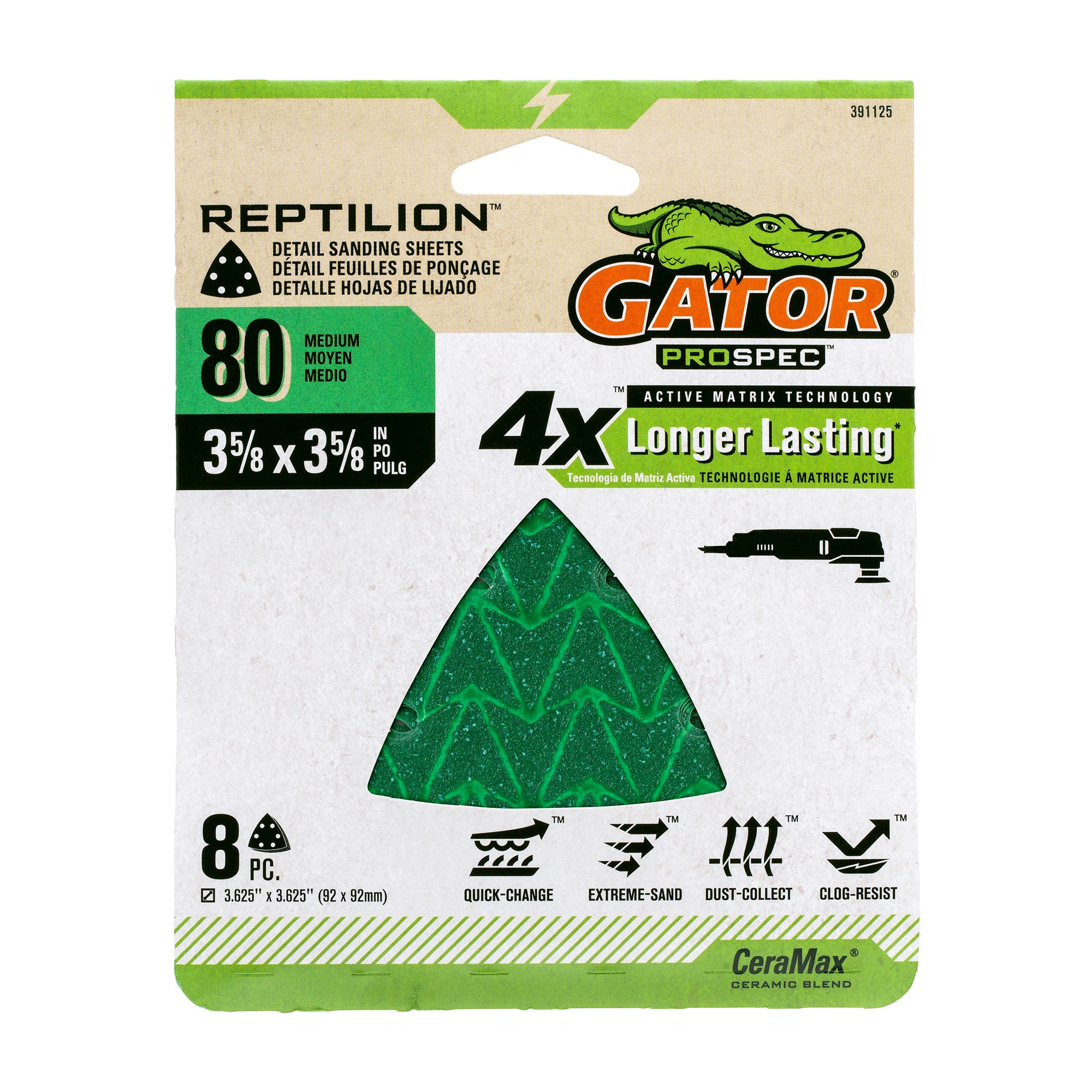 Papel de lija detallado Gator Reptilion oscilante de cerámica alúmina de 80 granos, 8 piezas 391125