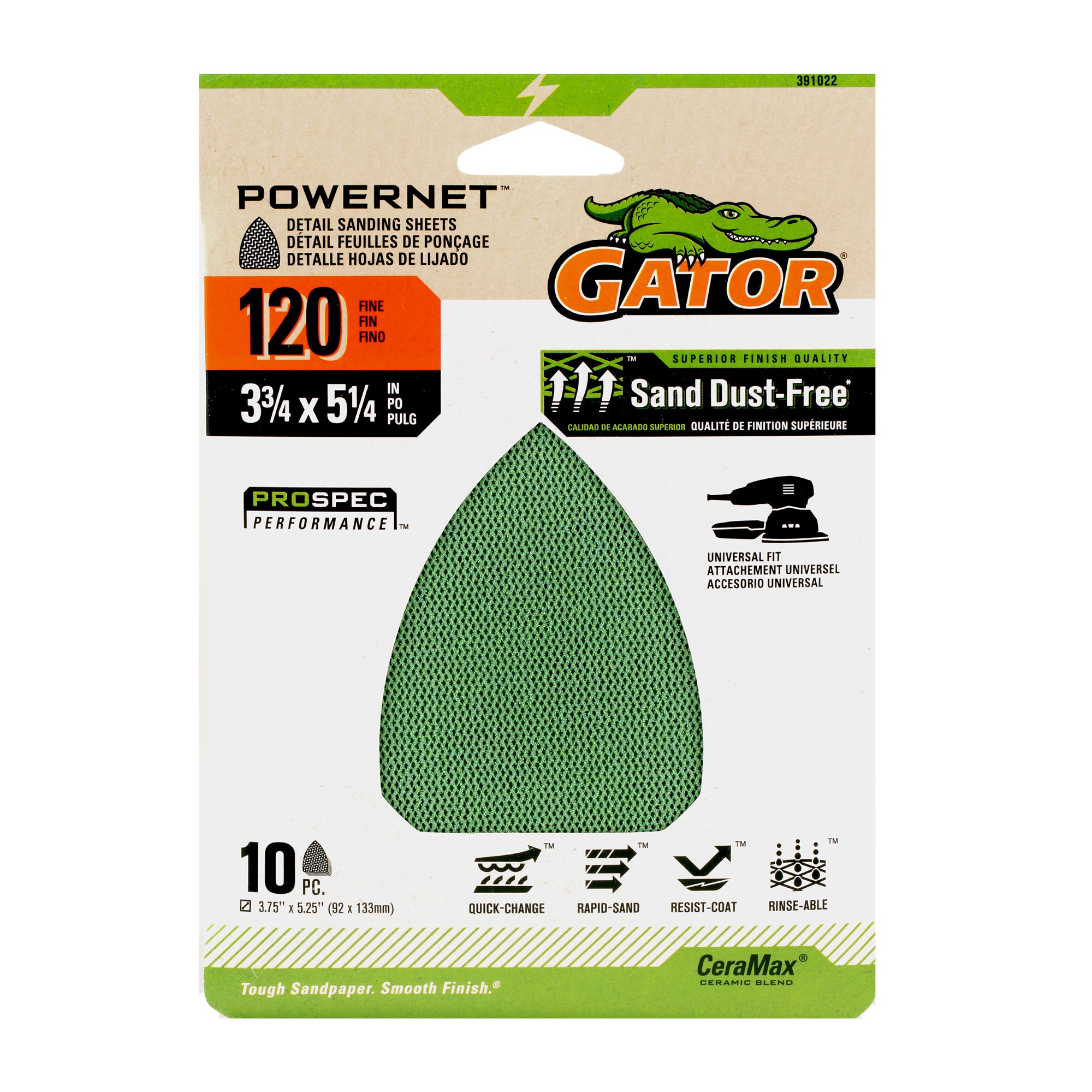 Papel de lija para detalles Gator PowerNet de cerámica alumina de 120 granos, 10 piezas 391022