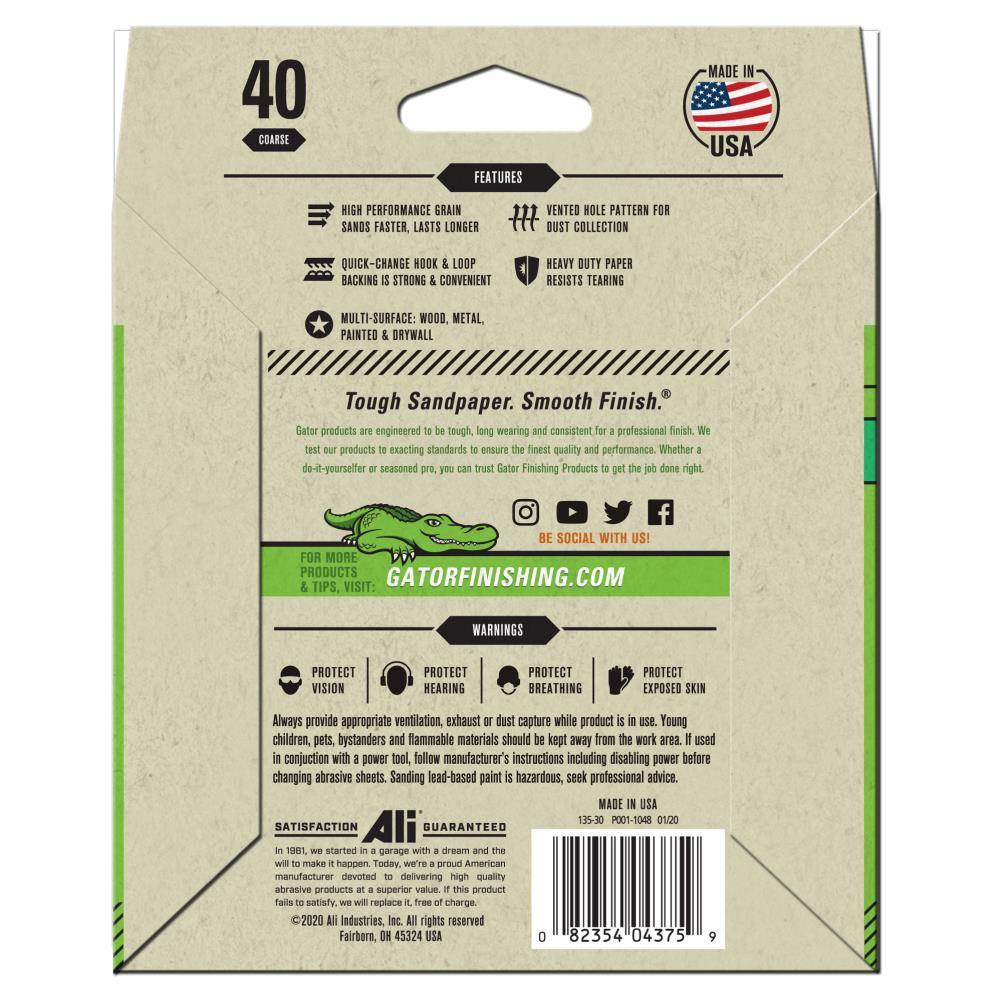 Disco Gator 5 en 8H H/L, 40 Granos, 15 pk - Papel de lija de óxido de aluminio de 40 granos, 15 piezas