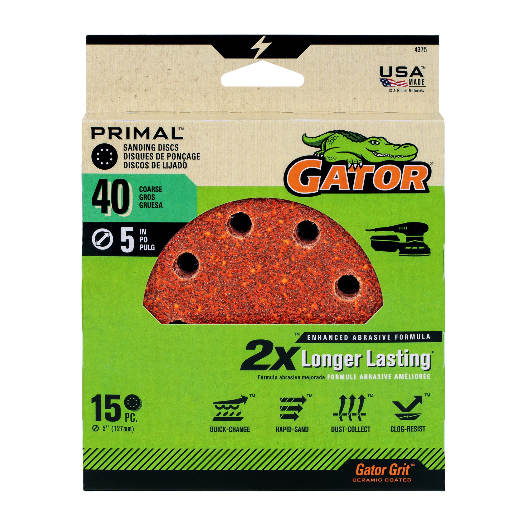 Disco Gator 5 en 8H H/L, 40 Granos, 15 pk - Papel de lija de óxido de aluminio de 40 granos, 15 piezas