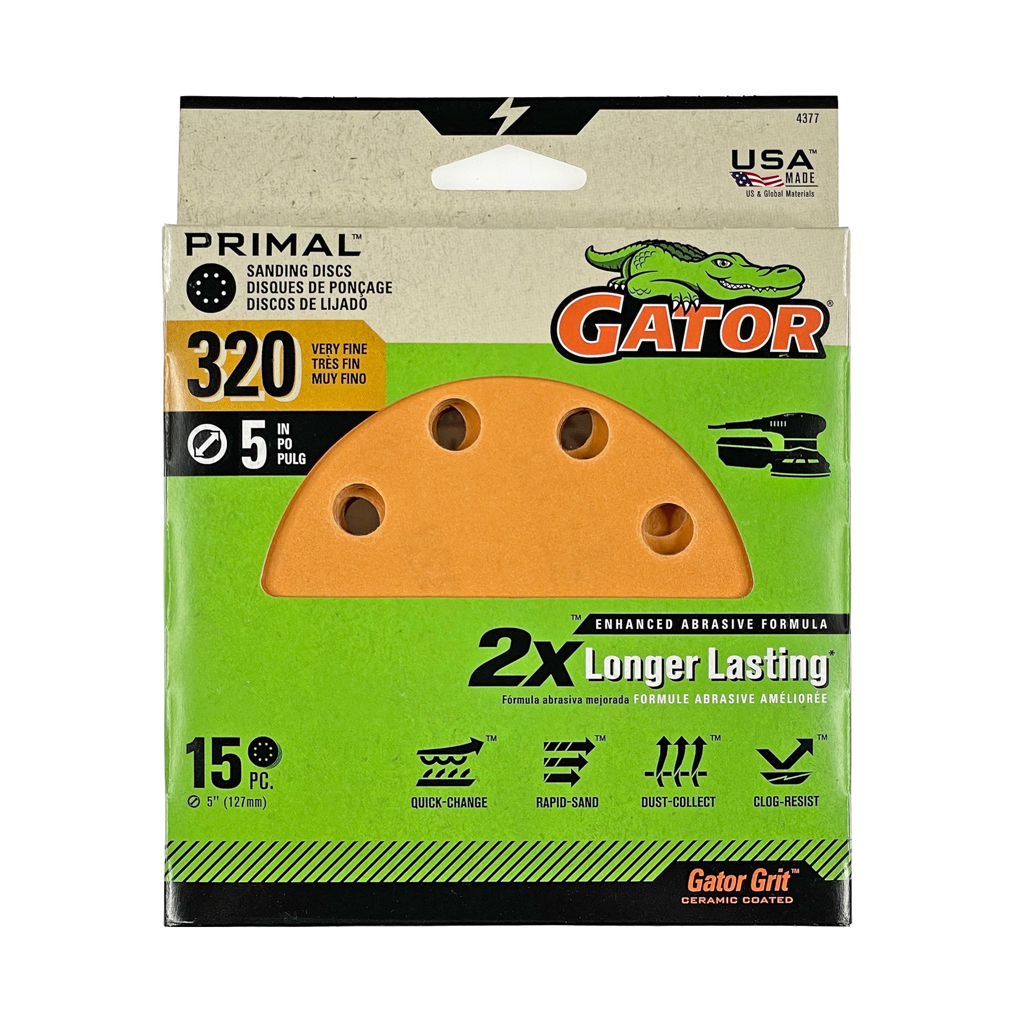 Lijadora de disco de óxido de aluminio de 320 granos Gator 5 en 8H H/L 15 pk