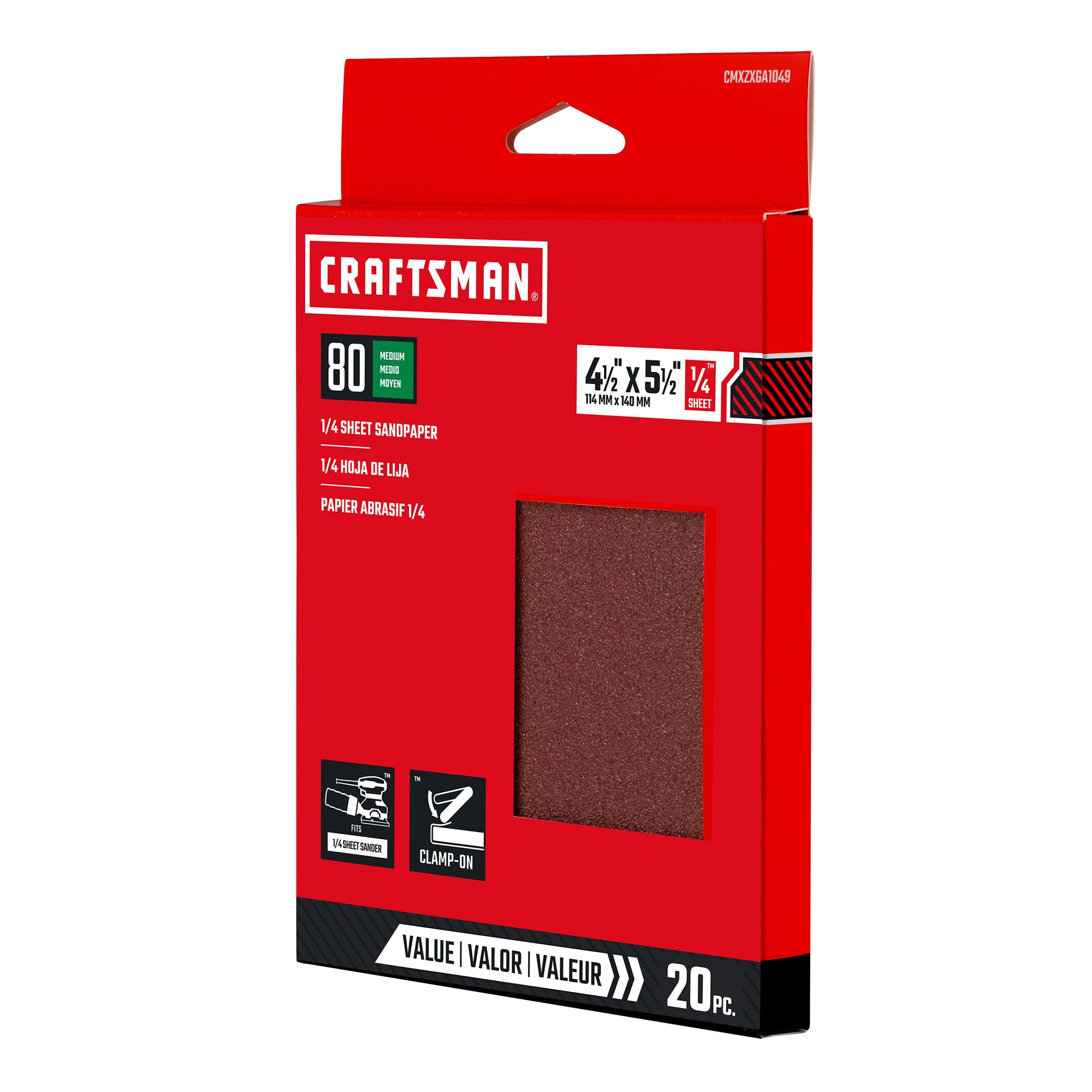 Papel de lija Craftsman de óxido de aluminio de 80 granos, lámina de 20 piezas