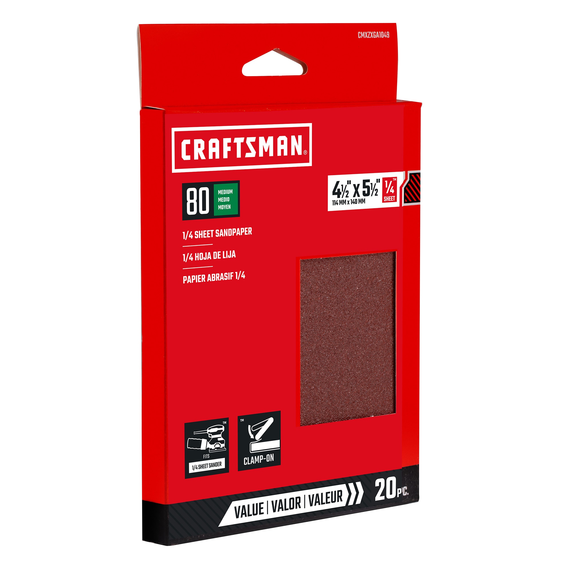Papel de lija Craftsman de óxido de aluminio de 80 granos, lámina de 20 piezas