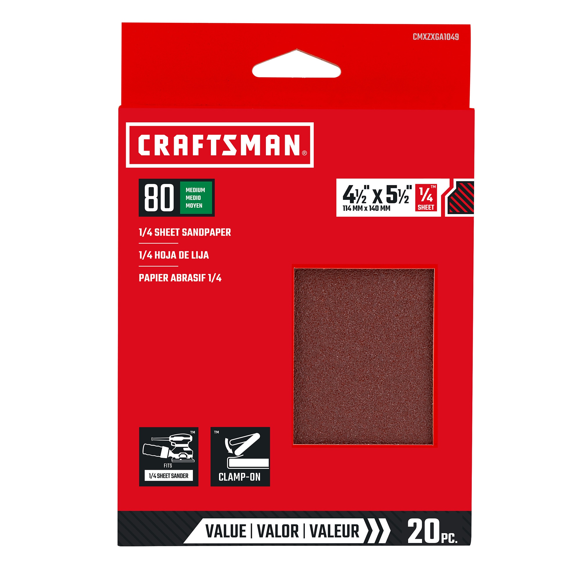 Papel de lija Craftsman de óxido de aluminio de 80 granos, lámina de 20 piezas