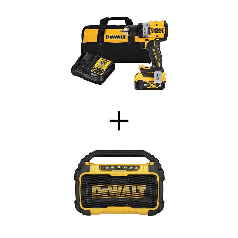 Kit de taladro/destornillador compacto inalámbrico DEWALT 20V MAX XR de iones de litio de 1/2 pulg. con altavoz Bluetooth, batería de 5.0Ah y cargador - DCD800P1WDCR010