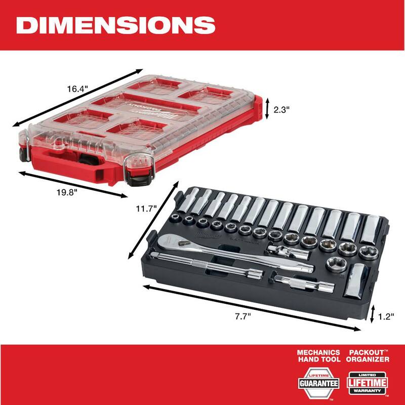 Set de herramientas mecánicas de trinquete y dado métrico de 3/8 pulgadas de Milwaukee con estuche PACKOUT y set de dados de impacto (40 piezas) - 48-22-9482-49-66-7024.