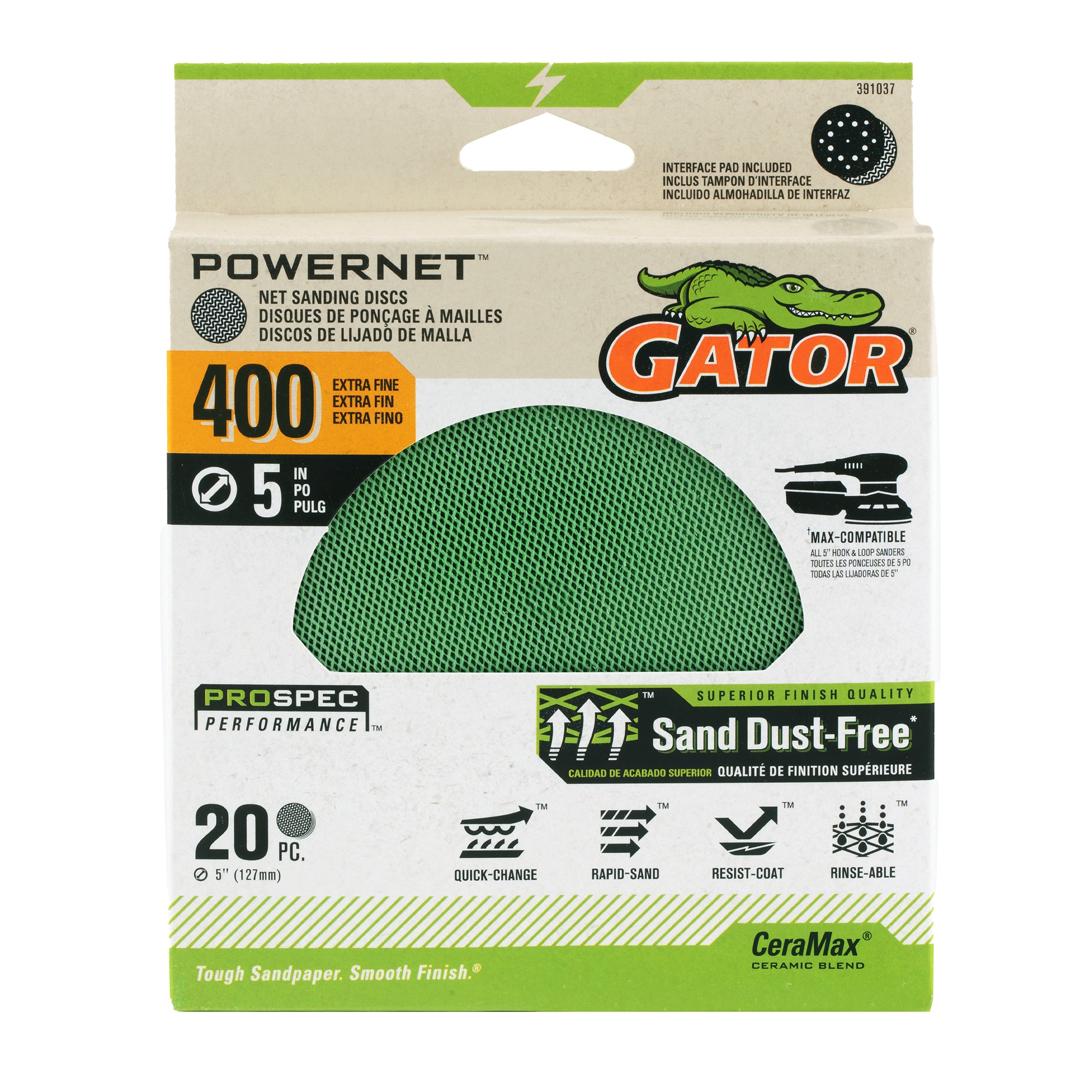 Lija de disco de cerámica de alúmina Gator PowerNet de 20 piezas, grano 400, 391037