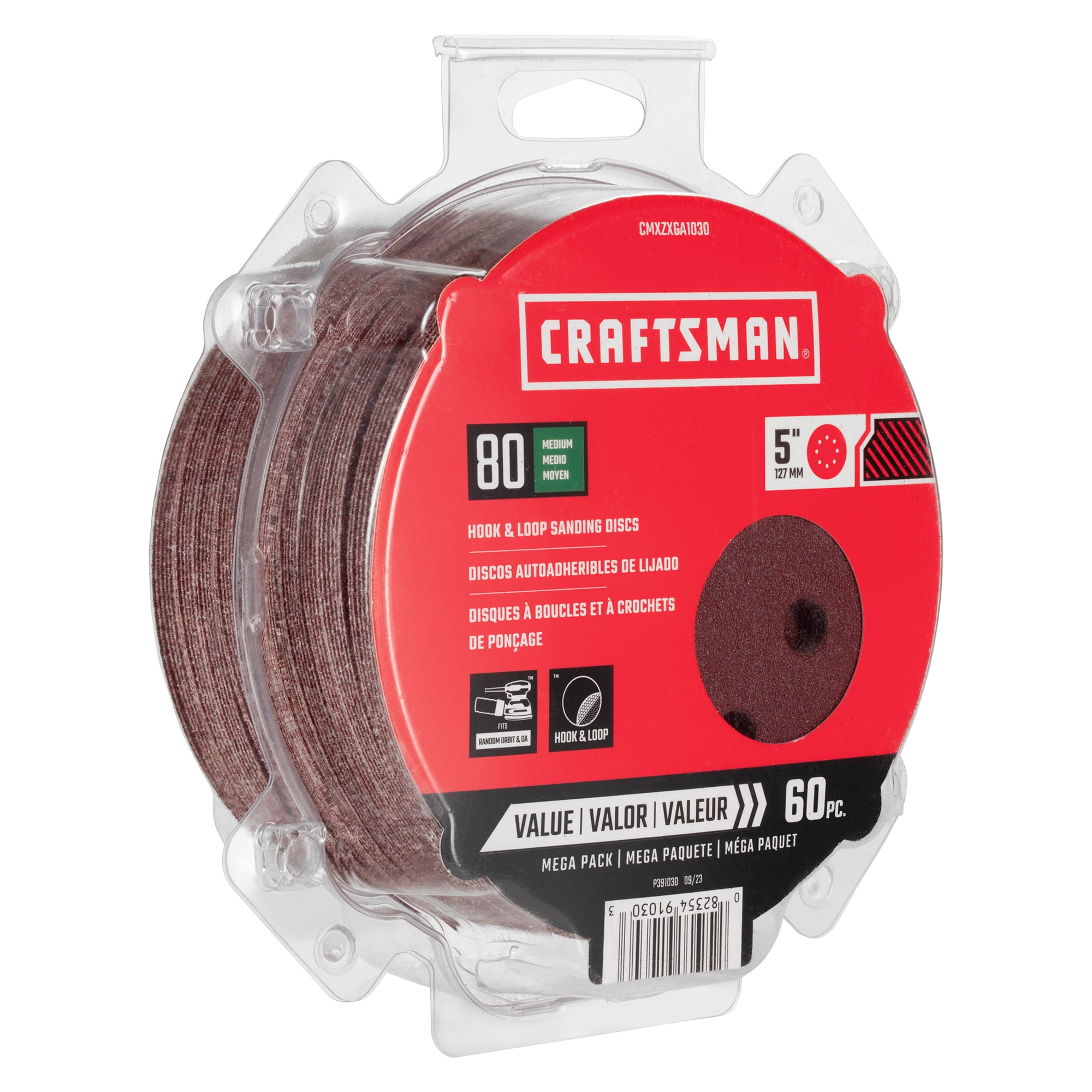 CRAFTSMAN 60 Piezas de Papel de Lija de Disco de Óxido de Aluminio de 80 Granos 391030