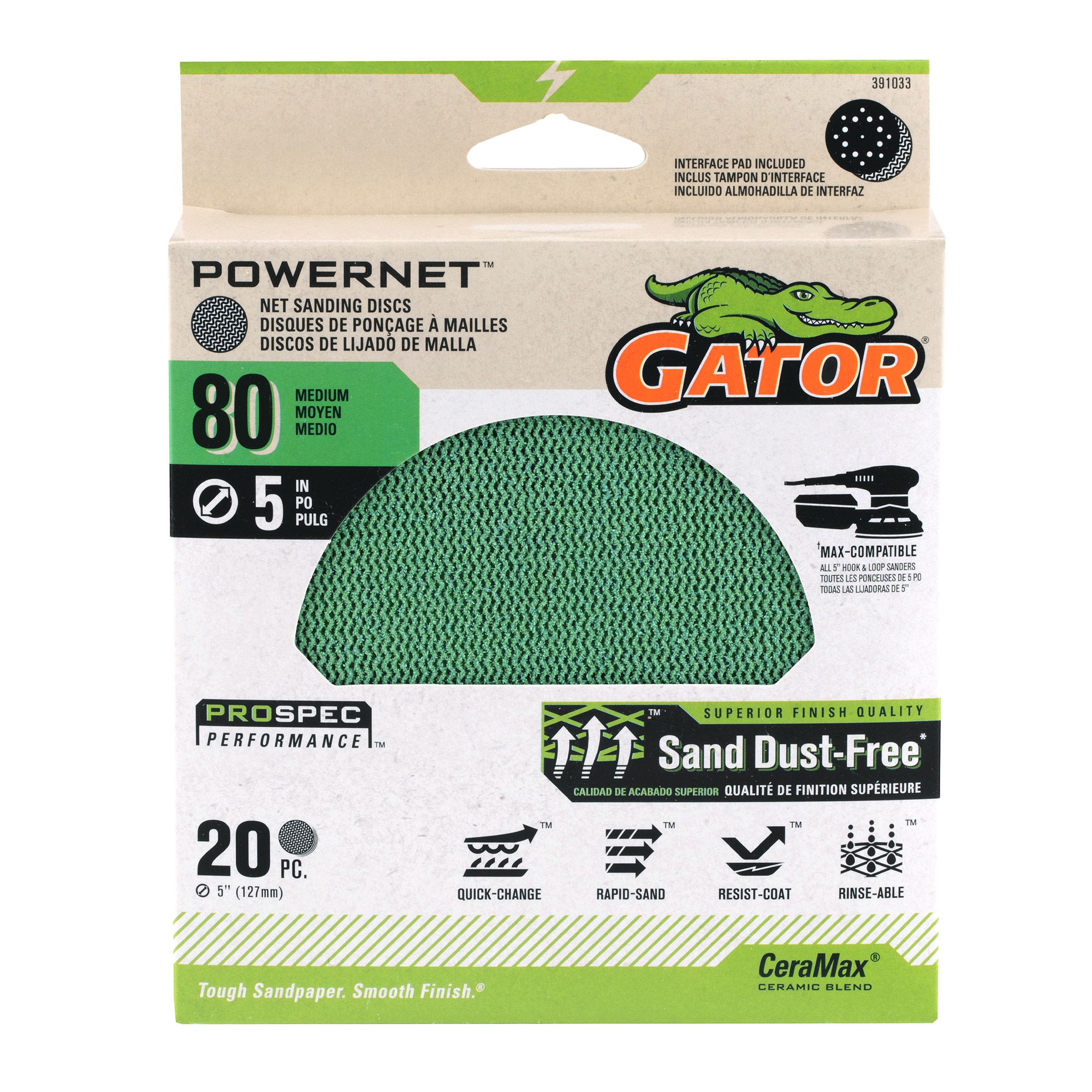 Lija Gator PowerNet de 20 piezas de cerámica alúmina, grano 80, para disco 391033