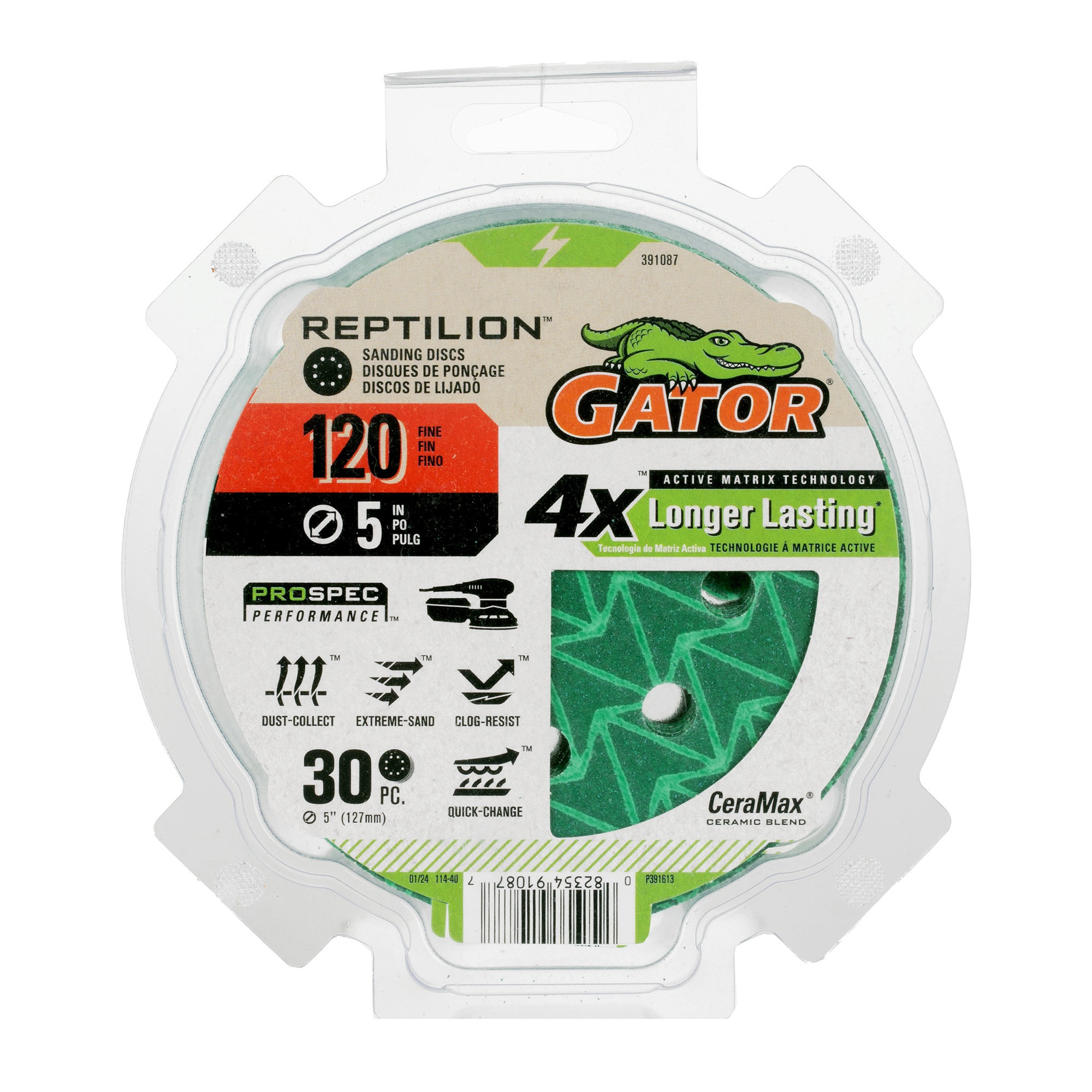 Disco de papel de lija de cerámica de alúmina de 120 grits Gator Reptilion de 30 piezas 391087