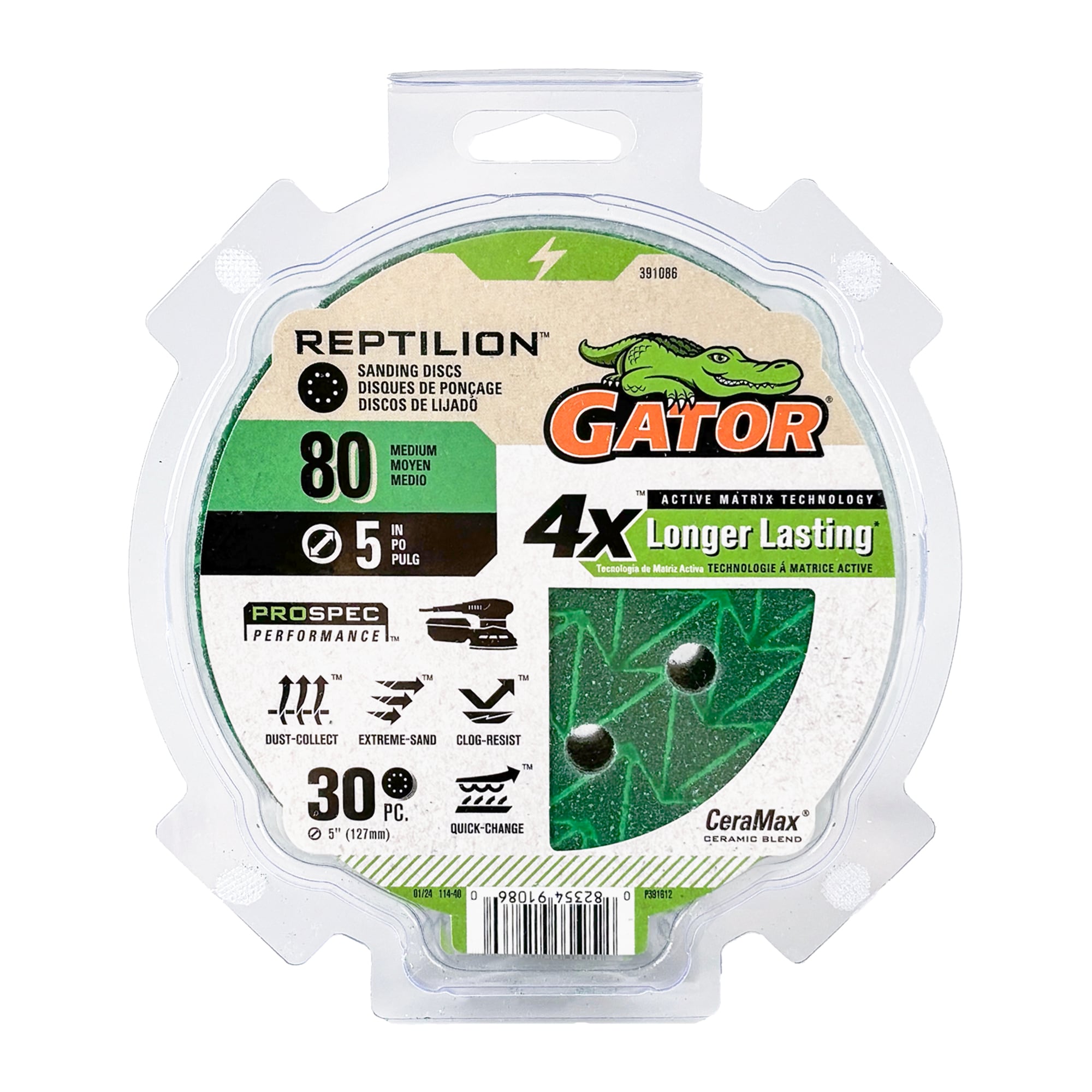 Disco de papel de lija de cerámica alumina Gator Reptilion de 30 piezas, grano 80, 391086
