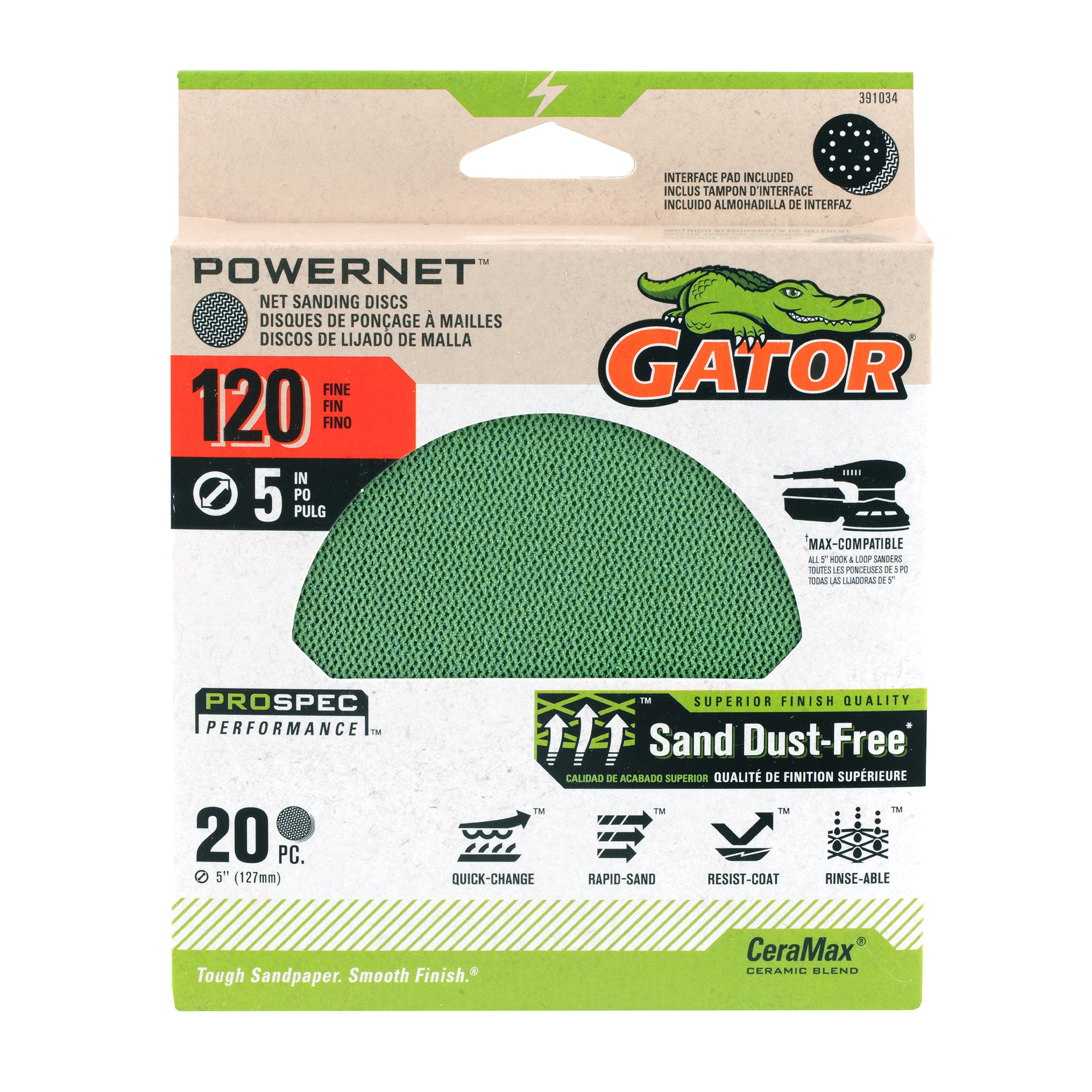 Lija de disco de cerámica alúmina Gator PowerNet de 120 granos - 20 piezas 391034