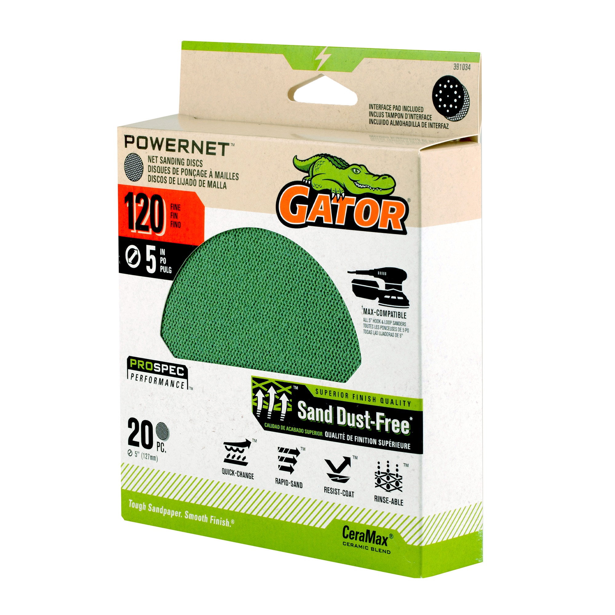 Lija de disco de cerámica alúmina Gator PowerNet de 120 granos - 20 piezas 391034