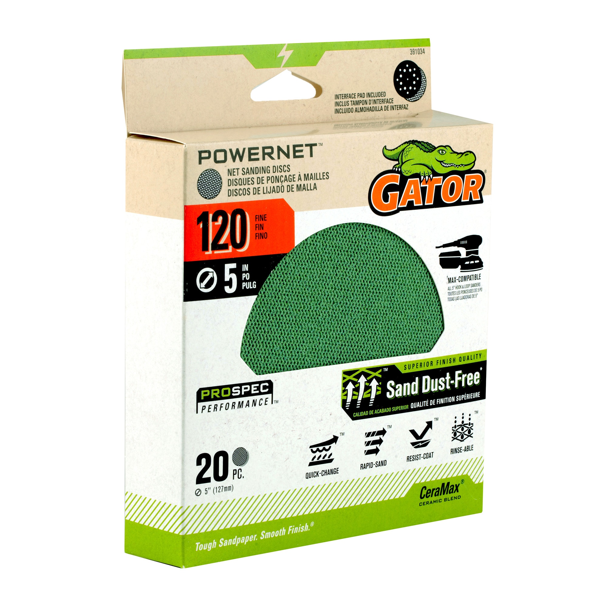 Lija de disco de cerámica alúmina Gator PowerNet de 120 granos - 20 piezas 391034