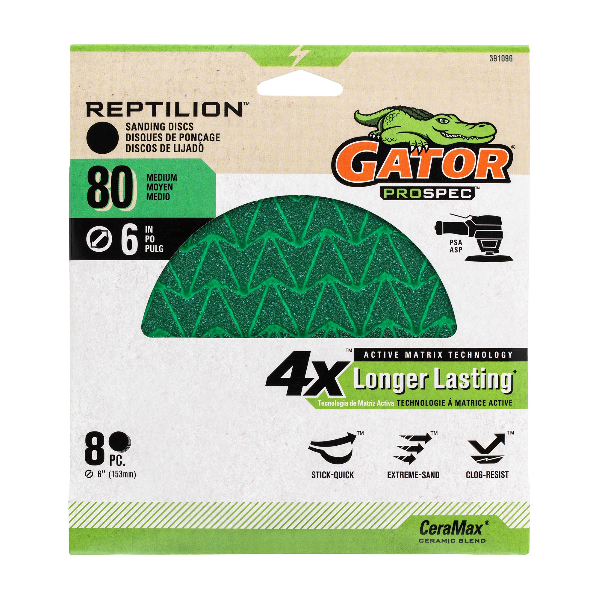 Disco de lija de cerámica de alúmina de 8 piezas Gator Reptilion PSA con grano 80 (391096)