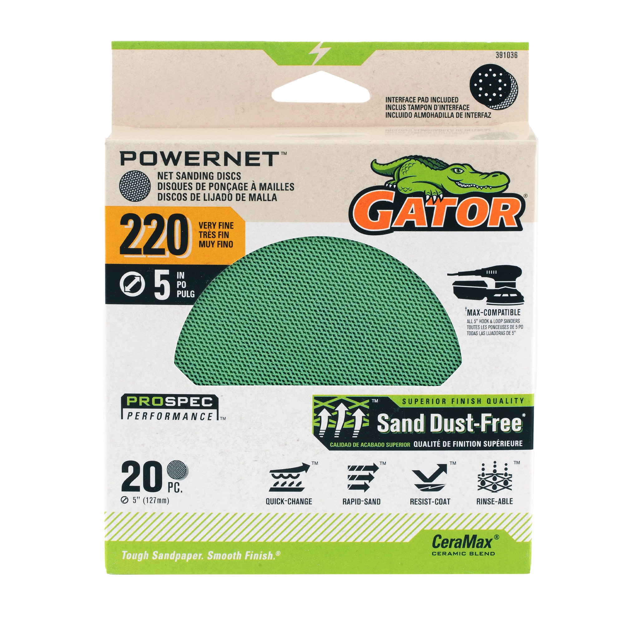 Lija de Disco de Cerámica Alúmina 220-Granulado PowerNet Gator de 20 Piezas 391036