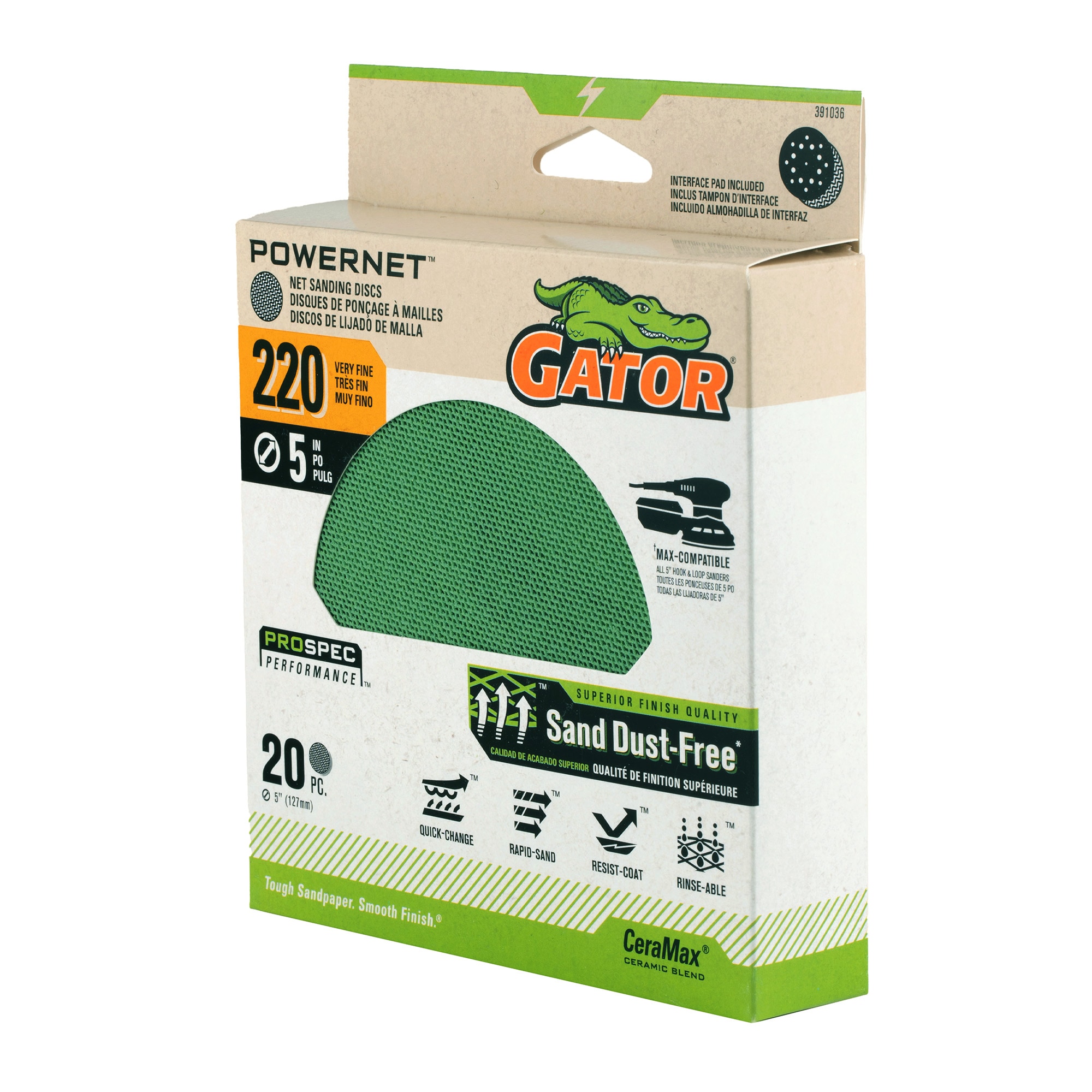 Lija de Disco de Cerámica Alúmina 220-Granulado PowerNet Gator de 20 Piezas 391036