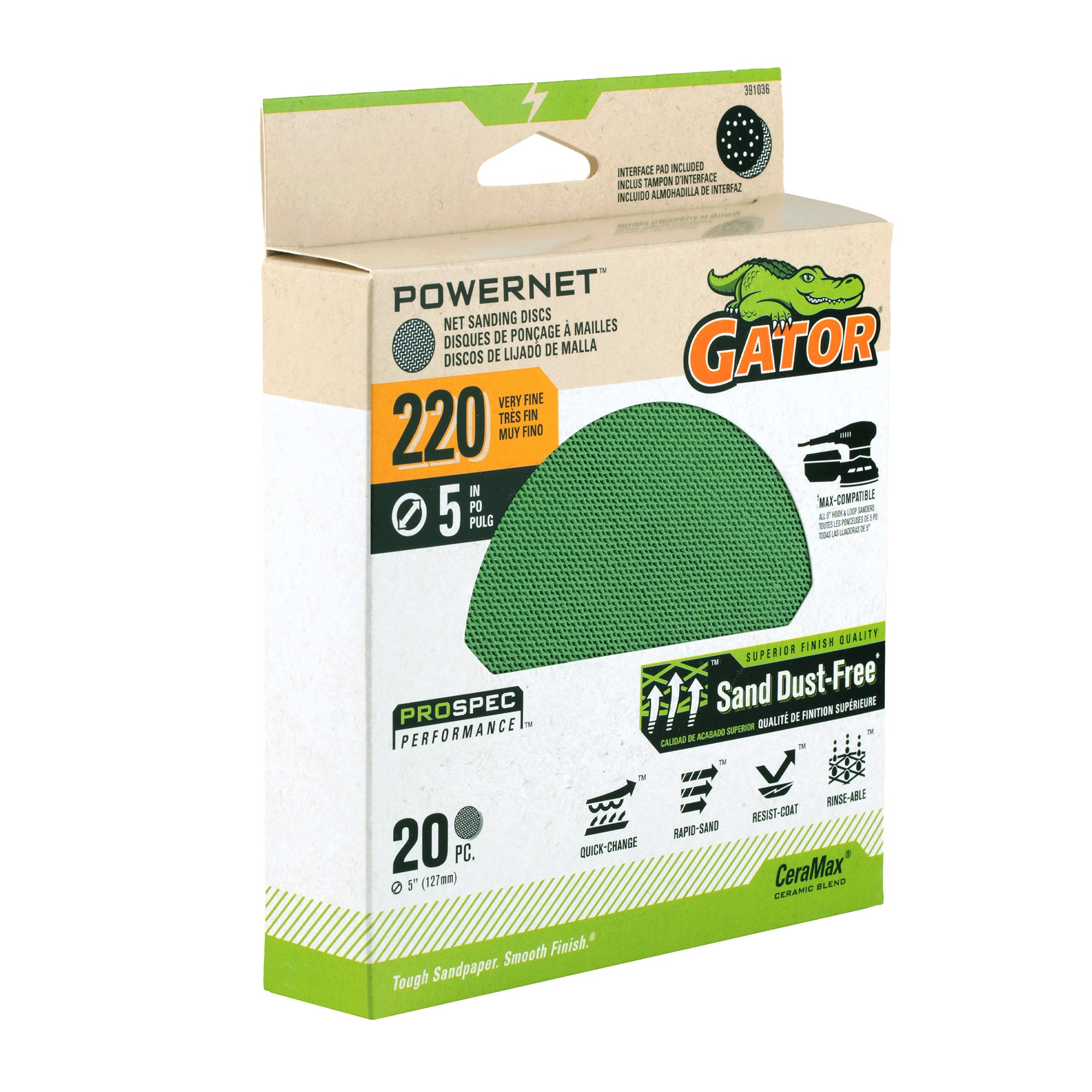 Lija de Disco de Cerámica Alúmina 220-Granulado PowerNet Gator de 20 Piezas 391036