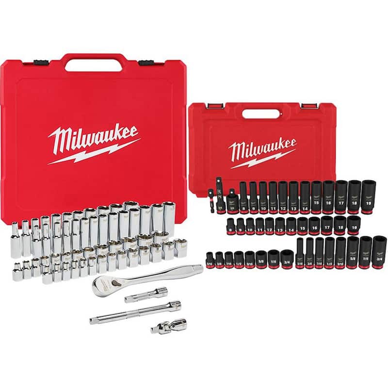 Set de herramientas de mecánica de trinquete y enchufe Milwaukee de 3/8 pulgadas SAE/métrico con set de impacto de 3/8 pulgadas SAE/métrico (99 piezas) - 48-22-9008-49-66-7009