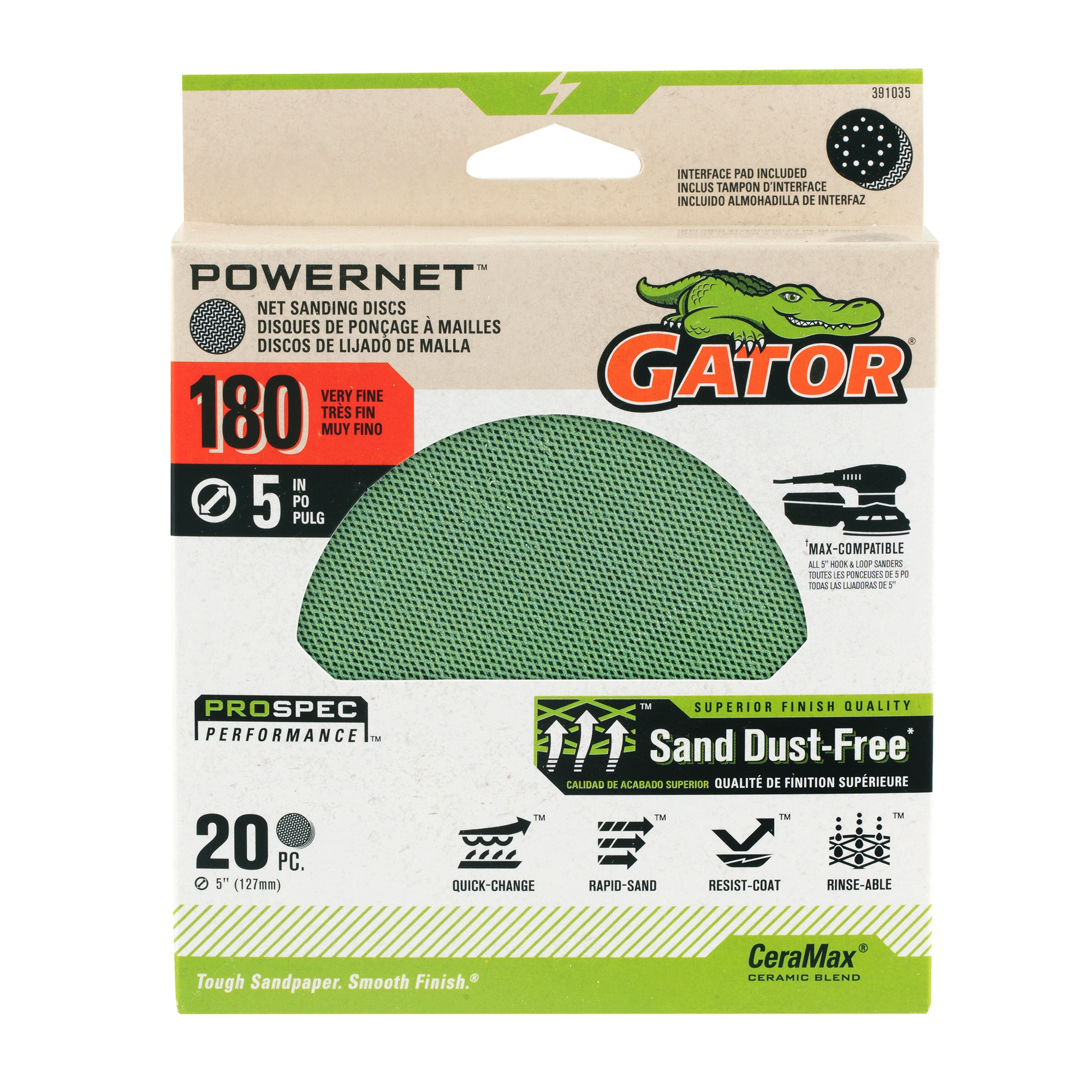 Lija de disco de cerámica alúmina Gator PowerNet de 180 granos (20 piezas) 391035