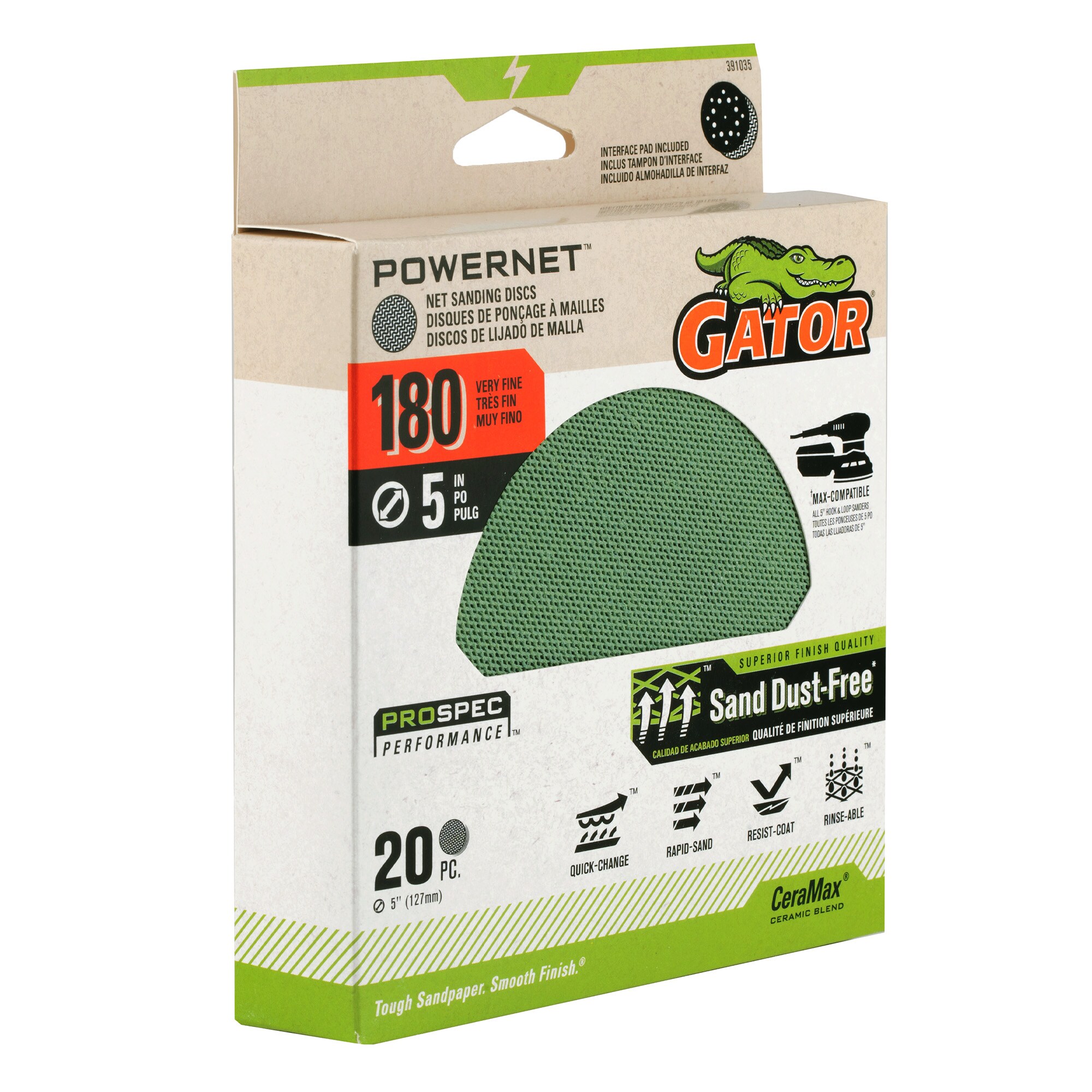 Lija de disco de cerámica alúmina Gator PowerNet de 180 granos (20 piezas) 391035