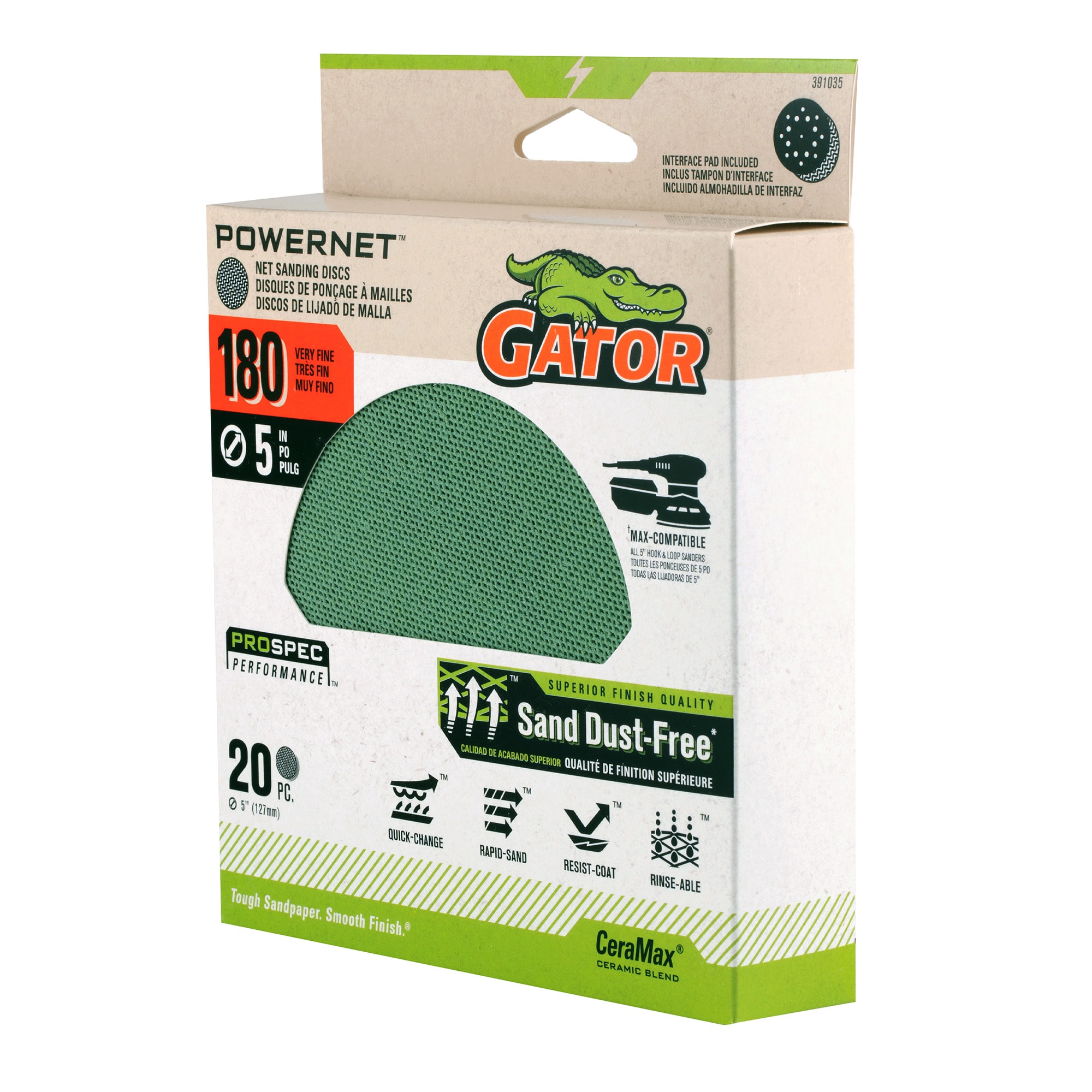 Lija de disco de cerámica alúmina Gator PowerNet de 180 granos (20 piezas) 391035