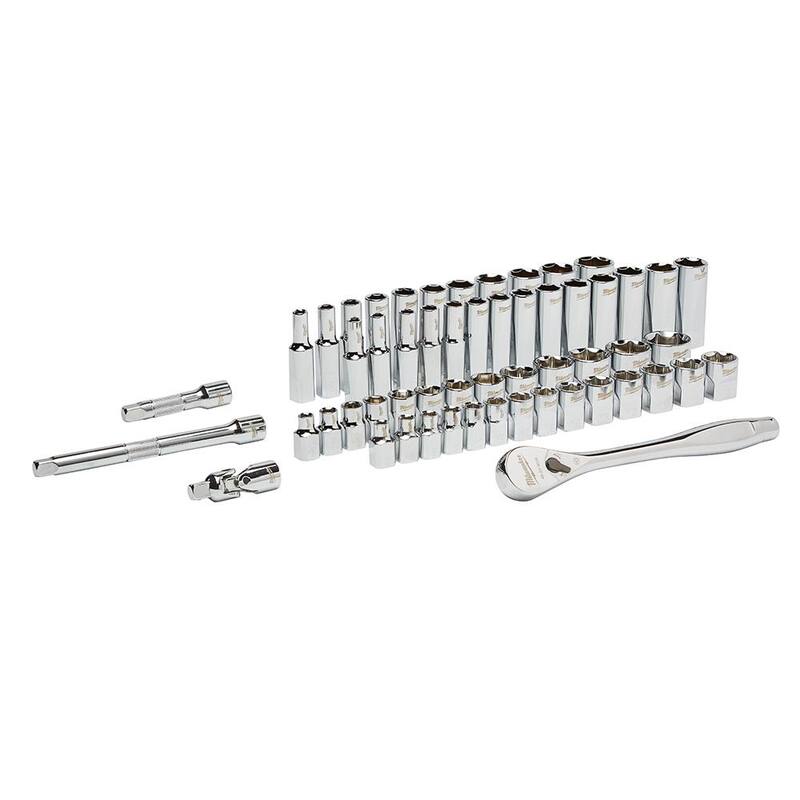 Juego de herramientas mecánicas con trinquete y vasos en unidades SAE/métricas de 3/8 de pulgada Milwaukee con trinquete corto de 5 pulgadas (57 piezas) - 48-22-9008-48-22-9036