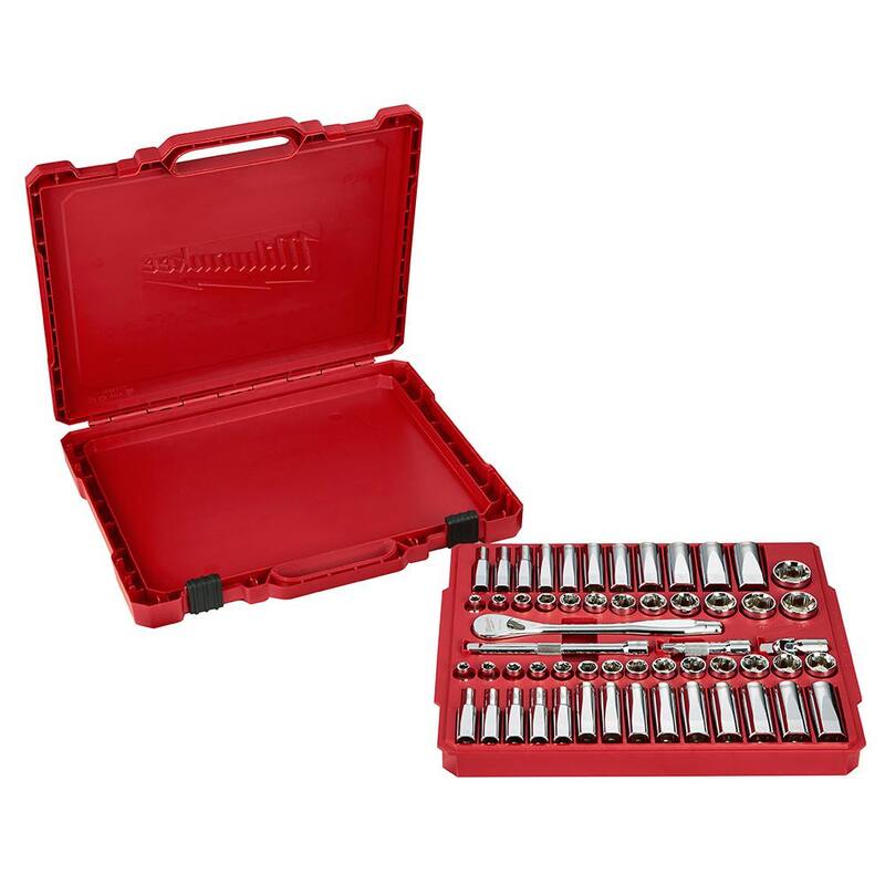 Juego de herramientas mecánicas con trinquete y vasos en unidades SAE/métricas de 3/8 de pulgada Milwaukee con trinquete corto de 5 pulgadas (57 piezas) - 48-22-9008-48-22-9036