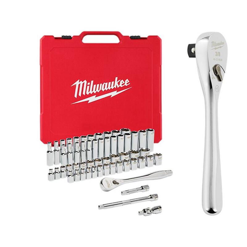 Juego de herramientas mecánicas con trinquete y vasos en unidades SAE/métricas de 3/8 de pulgada Milwaukee con trinquete corto de 5 pulgadas (57 piezas) - 48-22-9008-48-22-9036