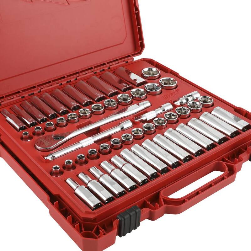 Juego de herramientas mecánicas con trinquete y vasos en unidades SAE/métricas de 3/8 de pulgada Milwaukee con trinquete corto de 5 pulgadas (57 piezas) - 48-22-9008-48-22-9036