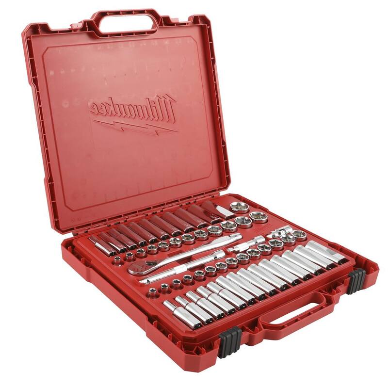 Juego de herramientas mecánicas con trinquete y vasos en unidades SAE/métricas de 3/8 de pulgada Milwaukee con trinquete corto de 5 pulgadas (57 piezas) - 48-22-9008-48-22-9036